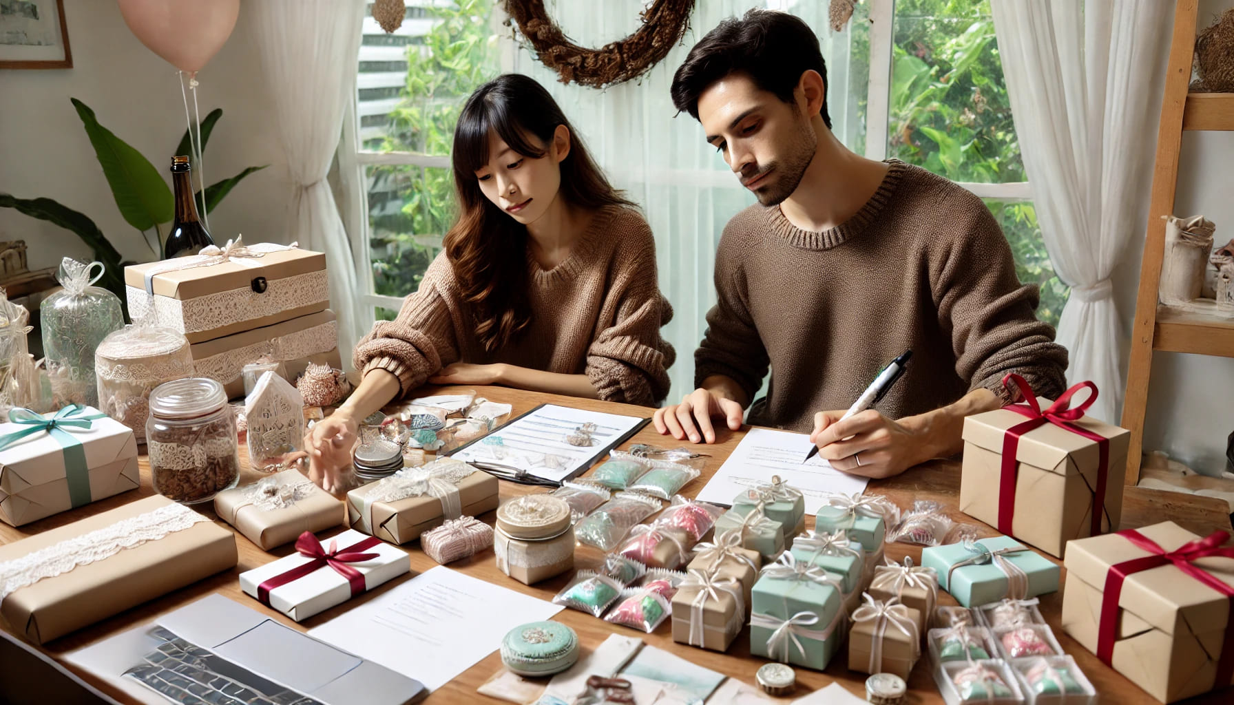 A couple preparing wedding favours and writing speeches at home, with various items and notes on the table