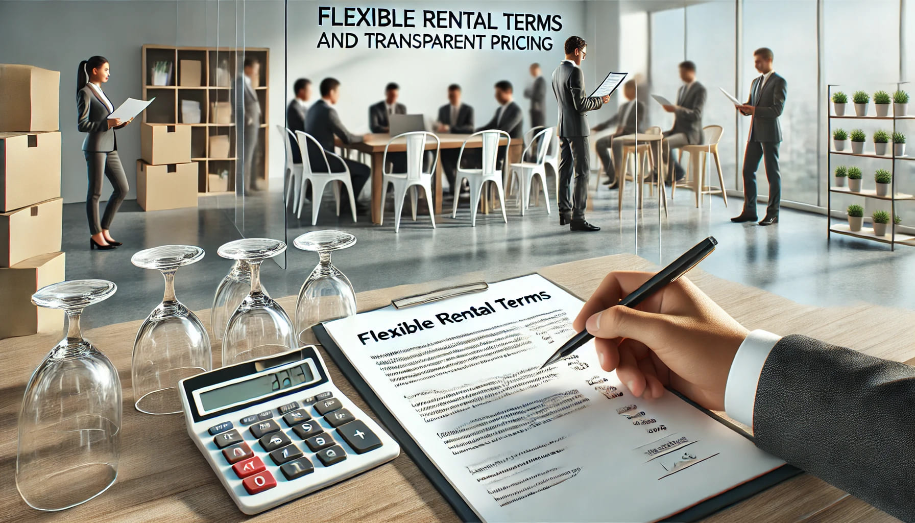 16 A realistic image representing flexible rental terms and transparent pricing, featuring a professional setup where clients are reviewing contracts or