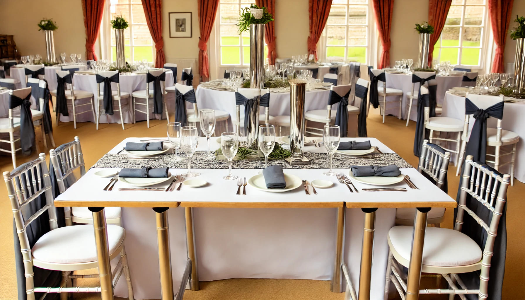 16 A stylish event setup in the UK featuring trestle tables with matching linens, tableware, and decorative accessories. The tables are elegantly dressed