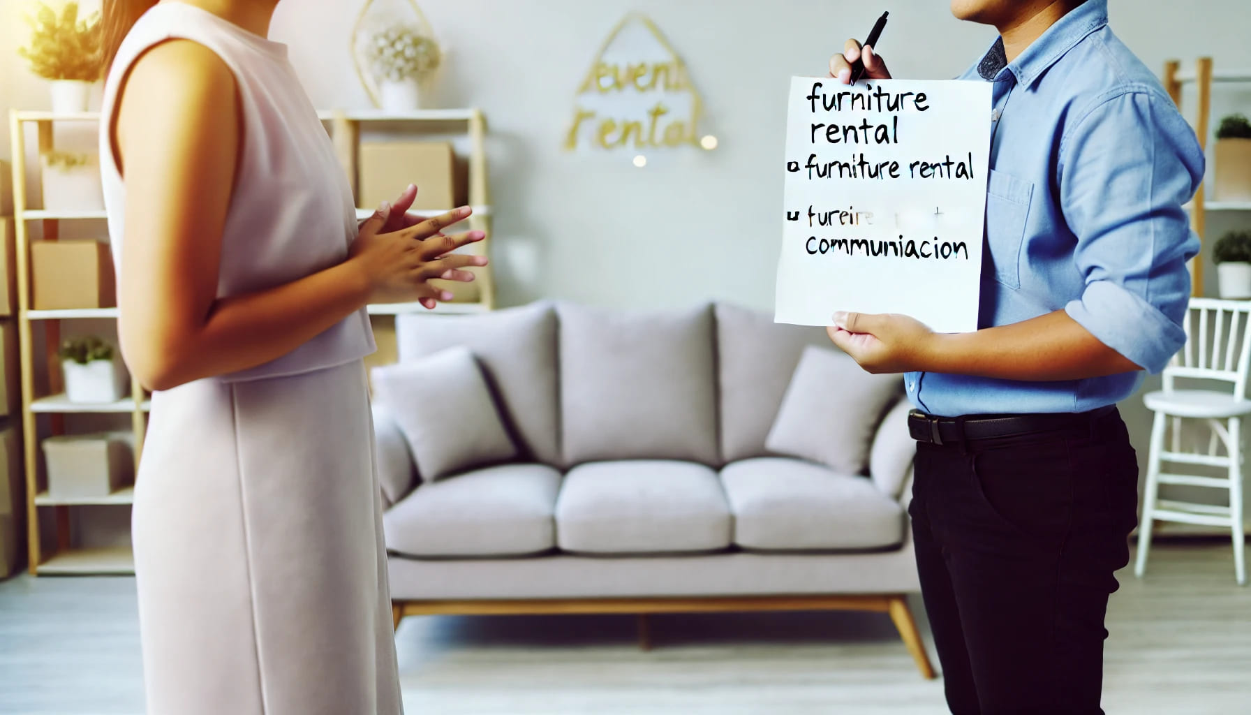 An event planner having a conversation with a furniture rental provider, discussing furniture options and event needs. The setting is collaborative an