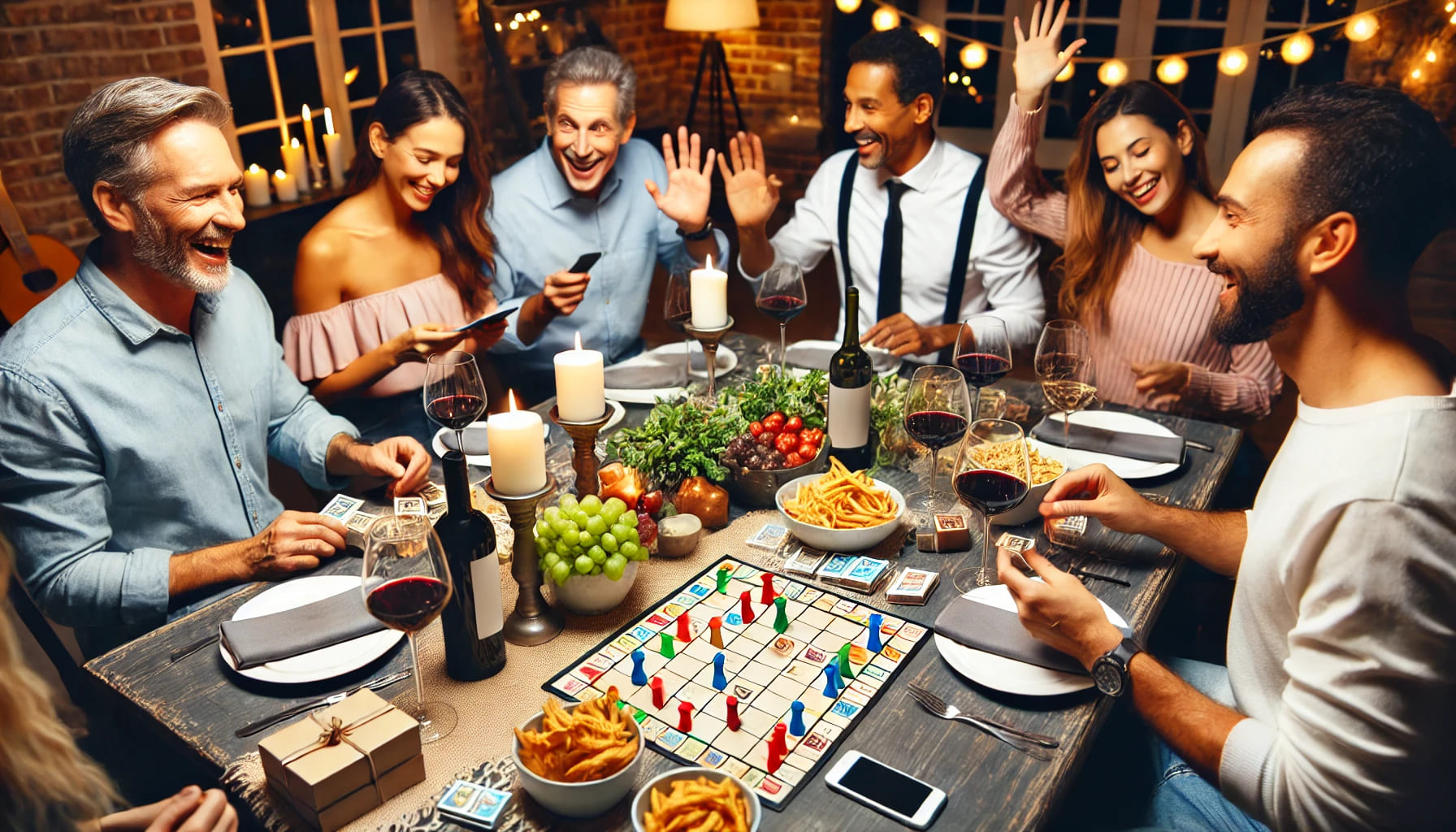 Guests playing fun dinner party games at a lively event, with a table filled with snacks and drinks, creating an enjoyable and engaging atmosphere