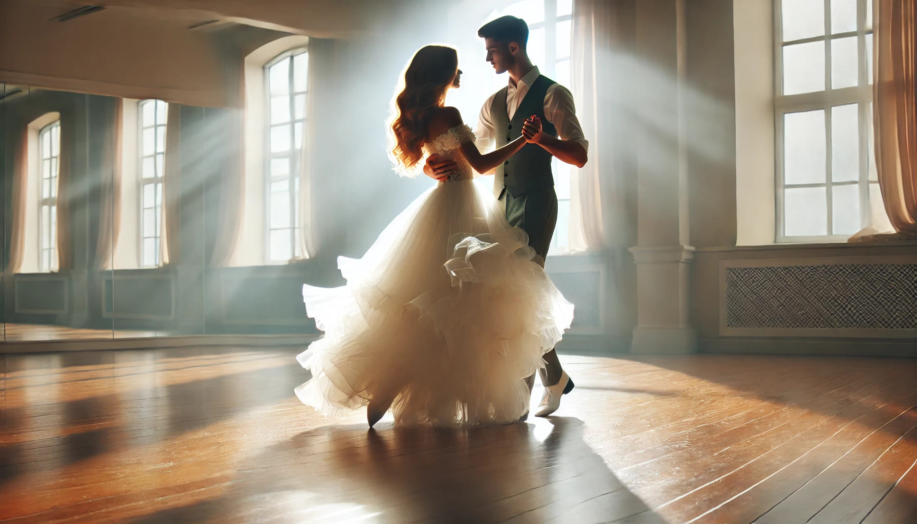 A bride and groom practicing their first dance in a brightly lit dance studio