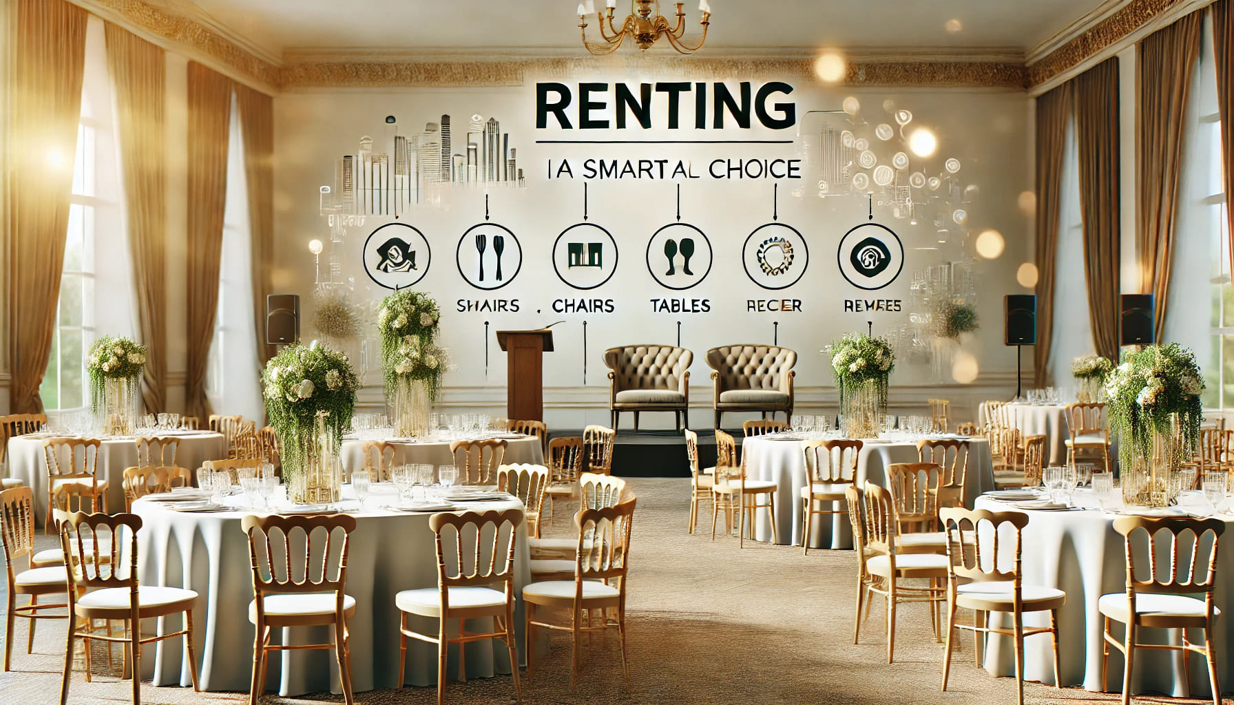 17 A realistic image showcasing a well-organized event setup using rented furniture, with a focus on how renting is a smart and practical choice. The sce