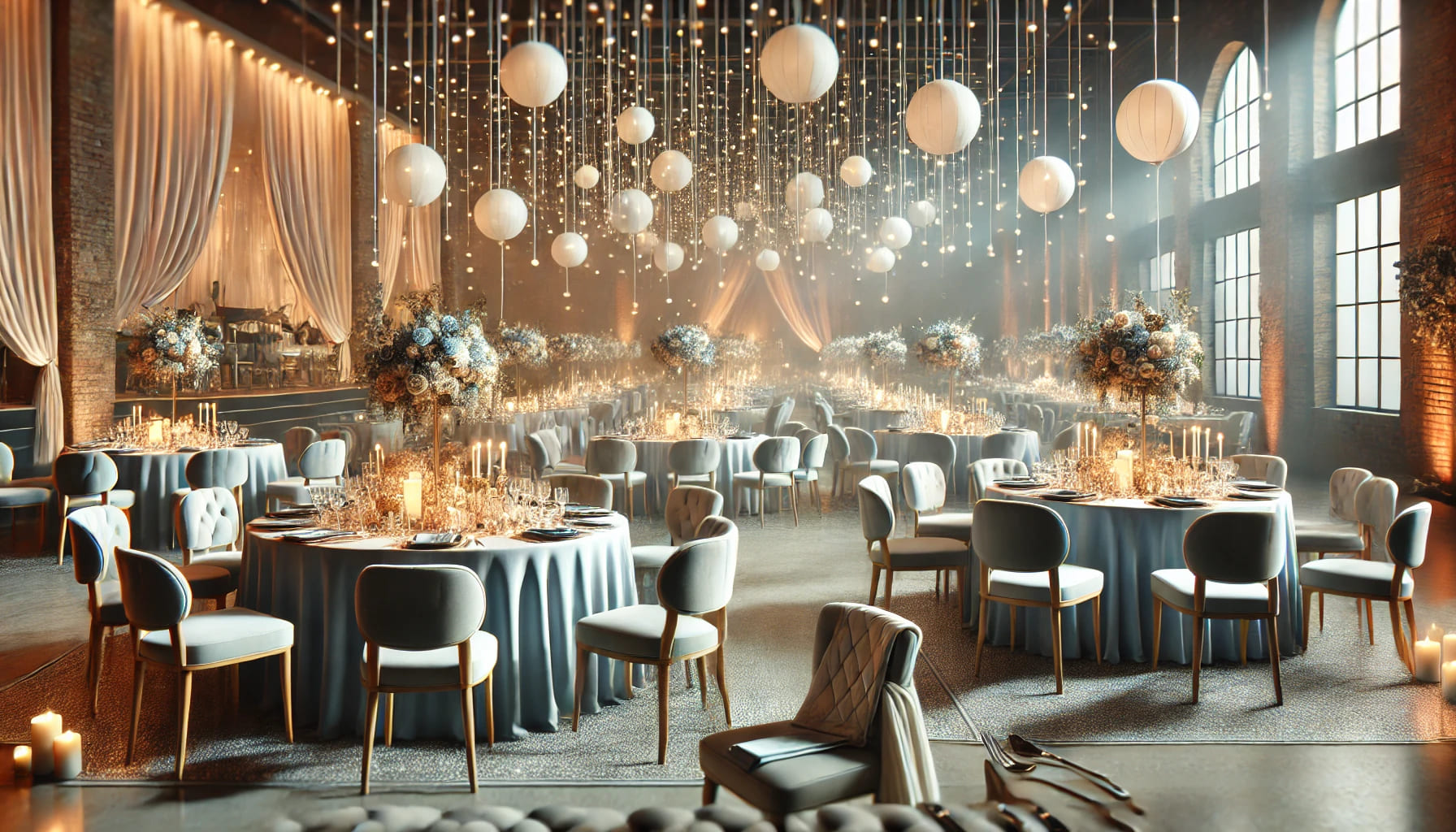 An event venue with well-arranged party furniture, creating a pleasant and inviting atmosphere, showcasing the conclusion of a successful event, no te