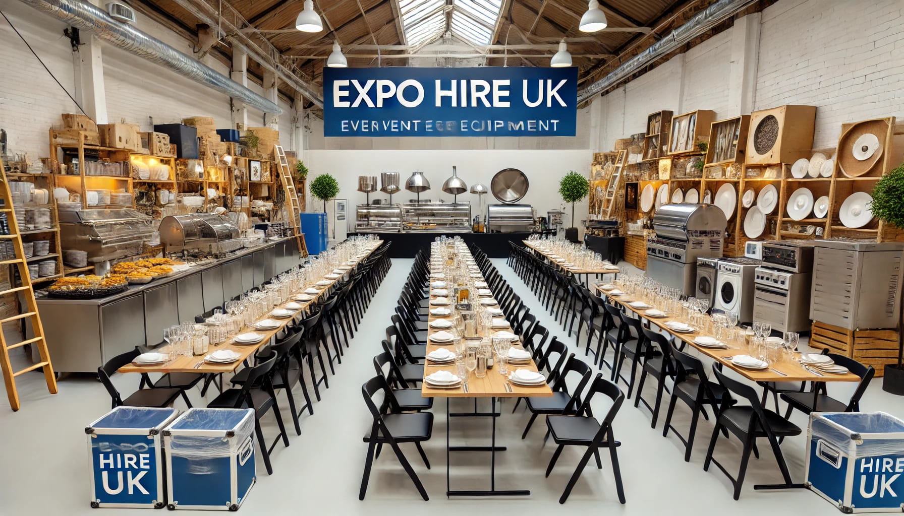 Expo Hire UK event equipment setup showing various items like chairs, tables, kitchen equipment, and serving dishes in a well-organized manner