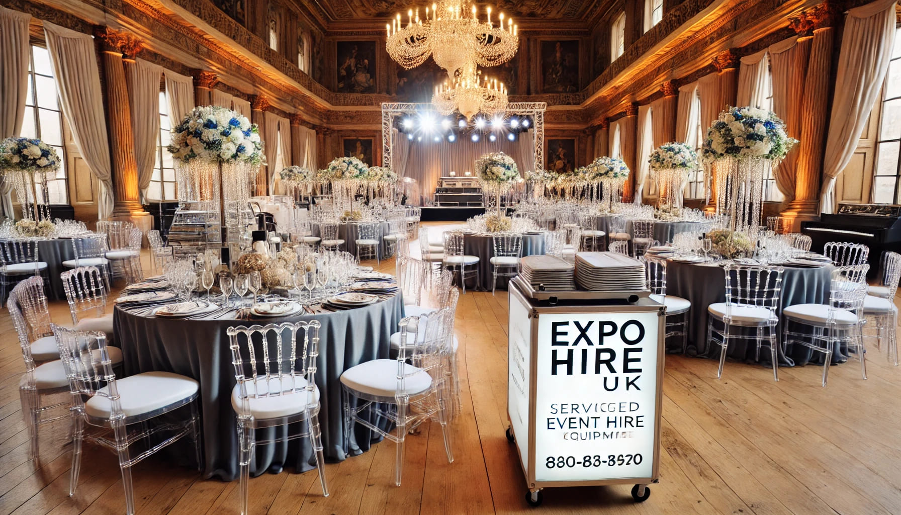 Expo Hire UK services showcased with a variety of event hire equipment, including tables, chairs, and catering supplies, set up for an elegant dinner