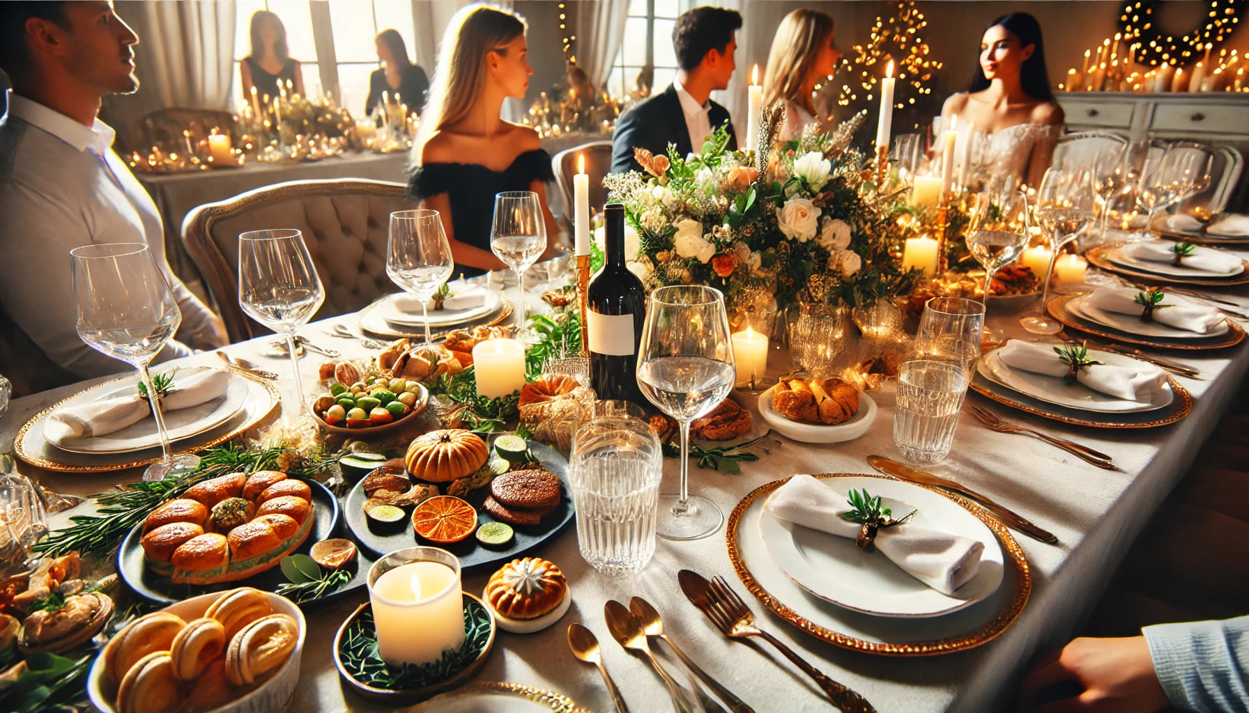 A beautifully set table at a dinner party with elegant decorations, delicious food, and guests enjoying a pleasant evening, capturing the conclusion o