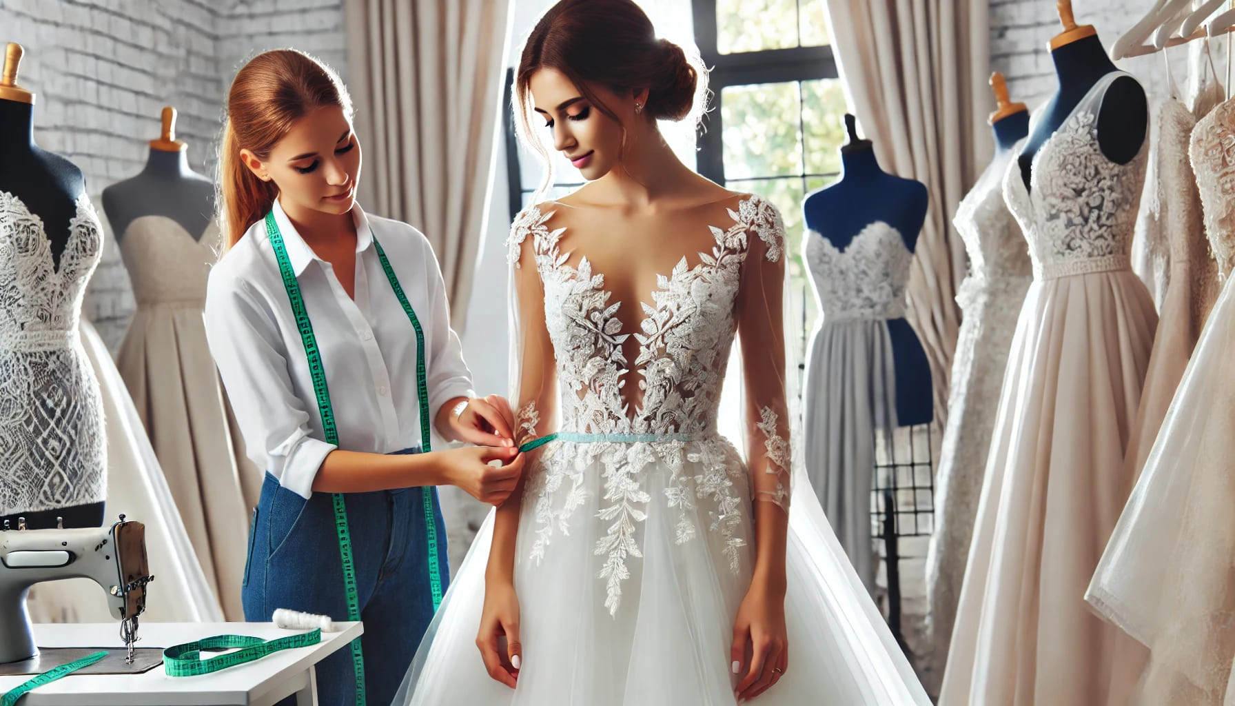 A bride at her final dress fitting with a tailor making adjustments, in a well-lit bridal shop