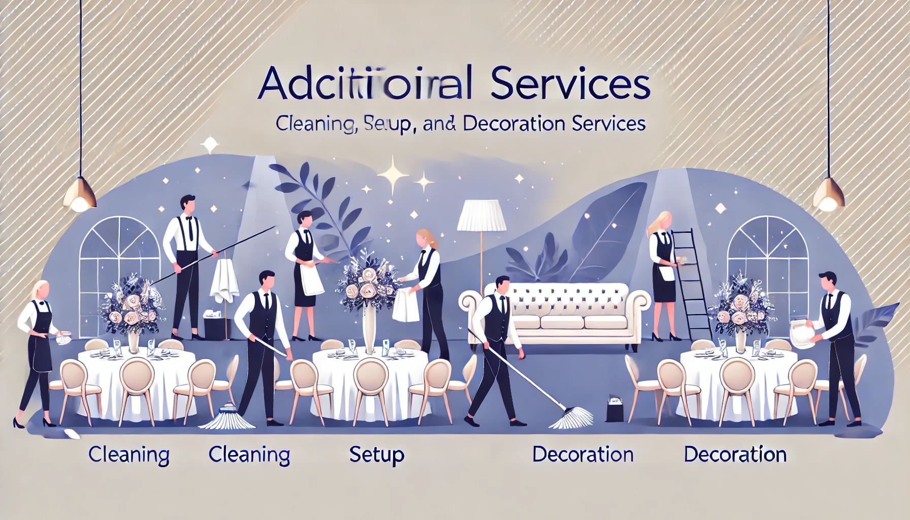 A scene depicting additional services offered by a furniture rental company, such as cleaning, setup, and decoration services. The environment shows