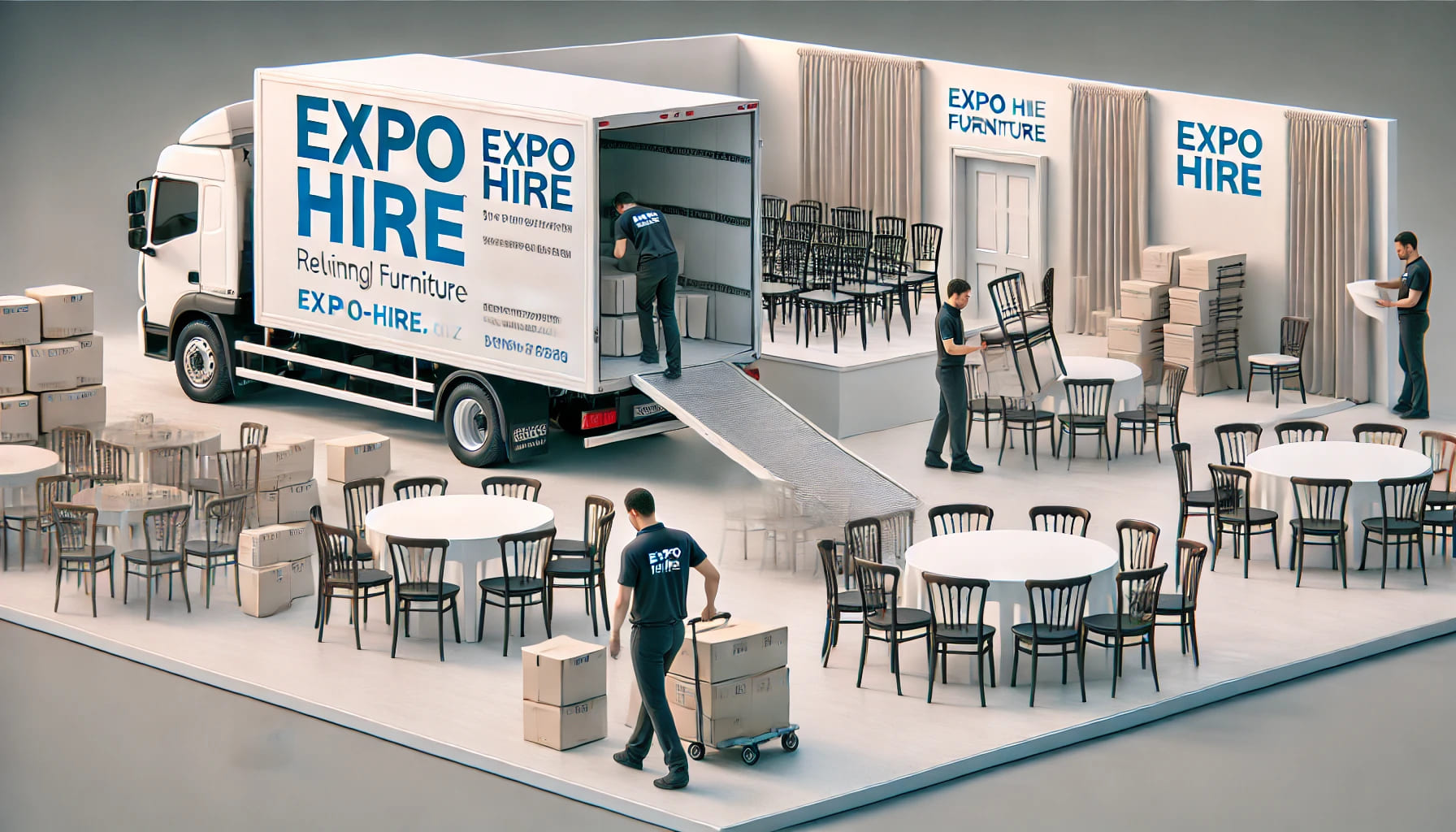 19 A realistic image showing a professional delivery team setting up rental furniture for an event. The scene includes a truck with the Expo Hire logo, a