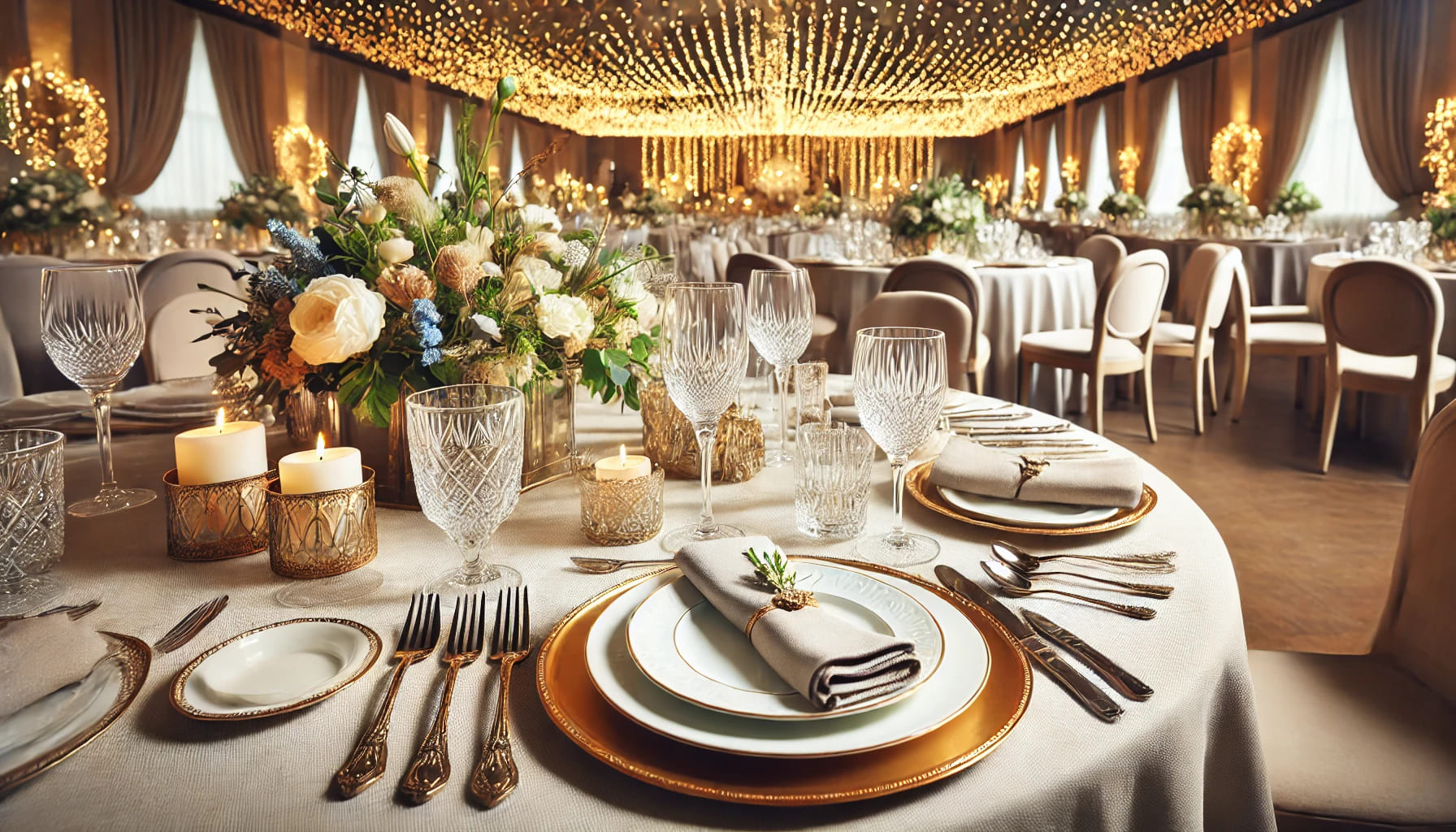 A beautifully set table for a formal event, showcasing the importance of high-quality crockery. The table includes elegant plates, cutlery, glasses, a