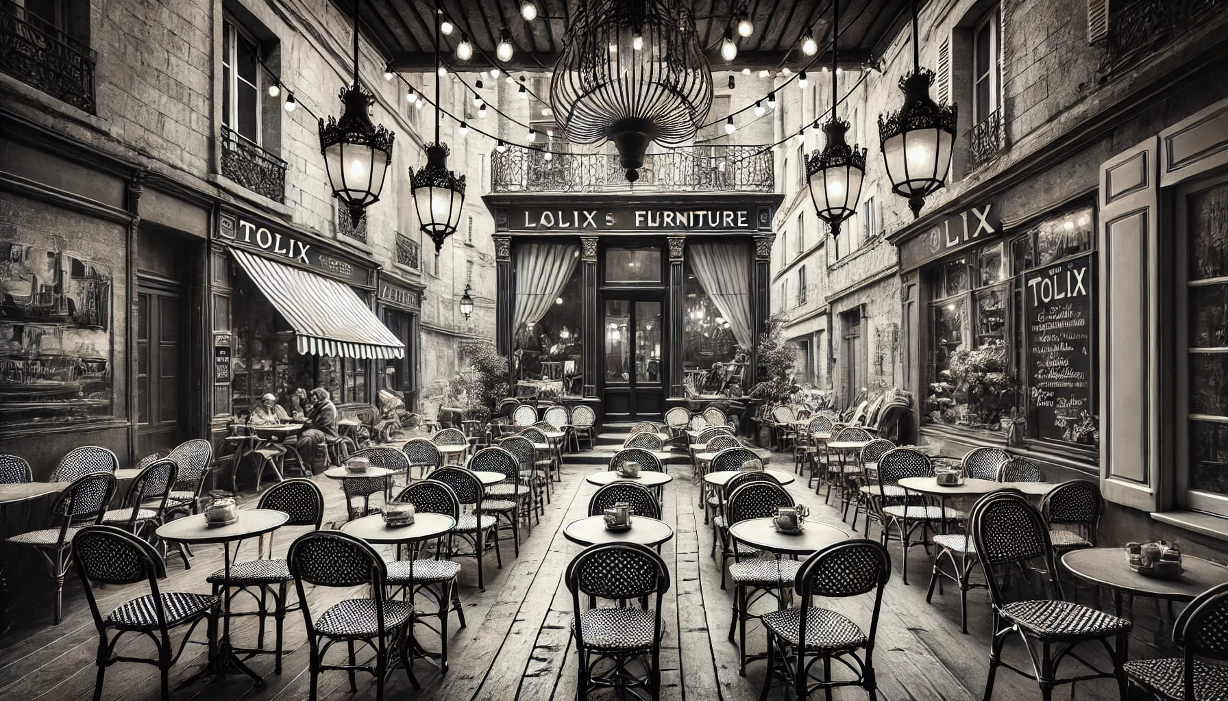 A black and white photo of a vintage French café with Tolix chairs and tables, depicting the historical use of Tolix furniture