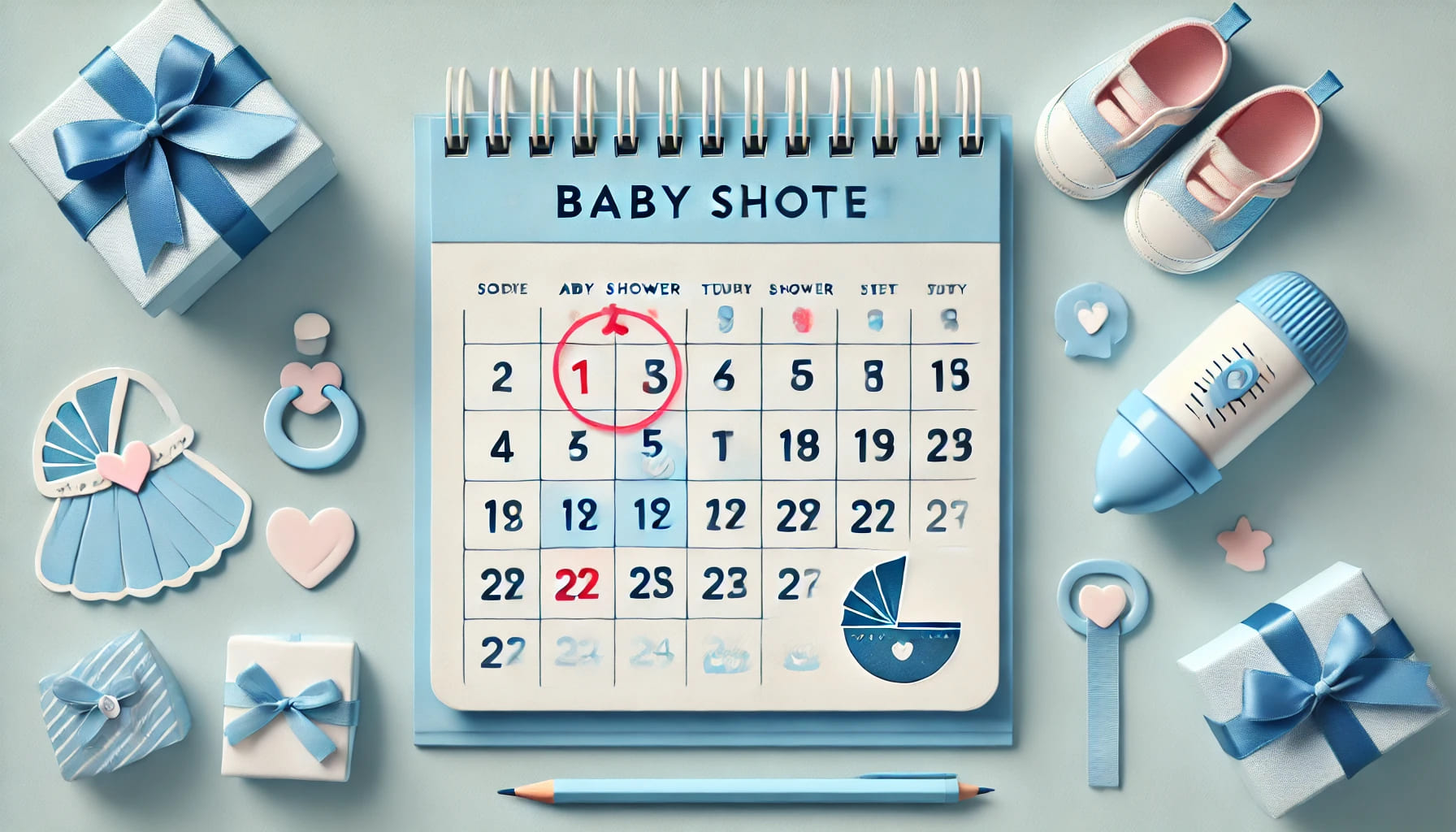 A calendar marked with a date and baby shower items around it, symbolizing picking the perfect date for your baby shower