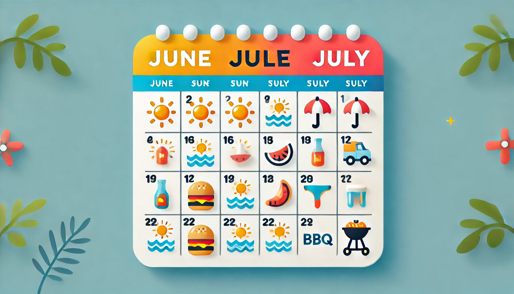 A calendar showing the months of June and July, with summer-themed icons like sun, beach, and BBQ, indicating the best time for hosting summer parties