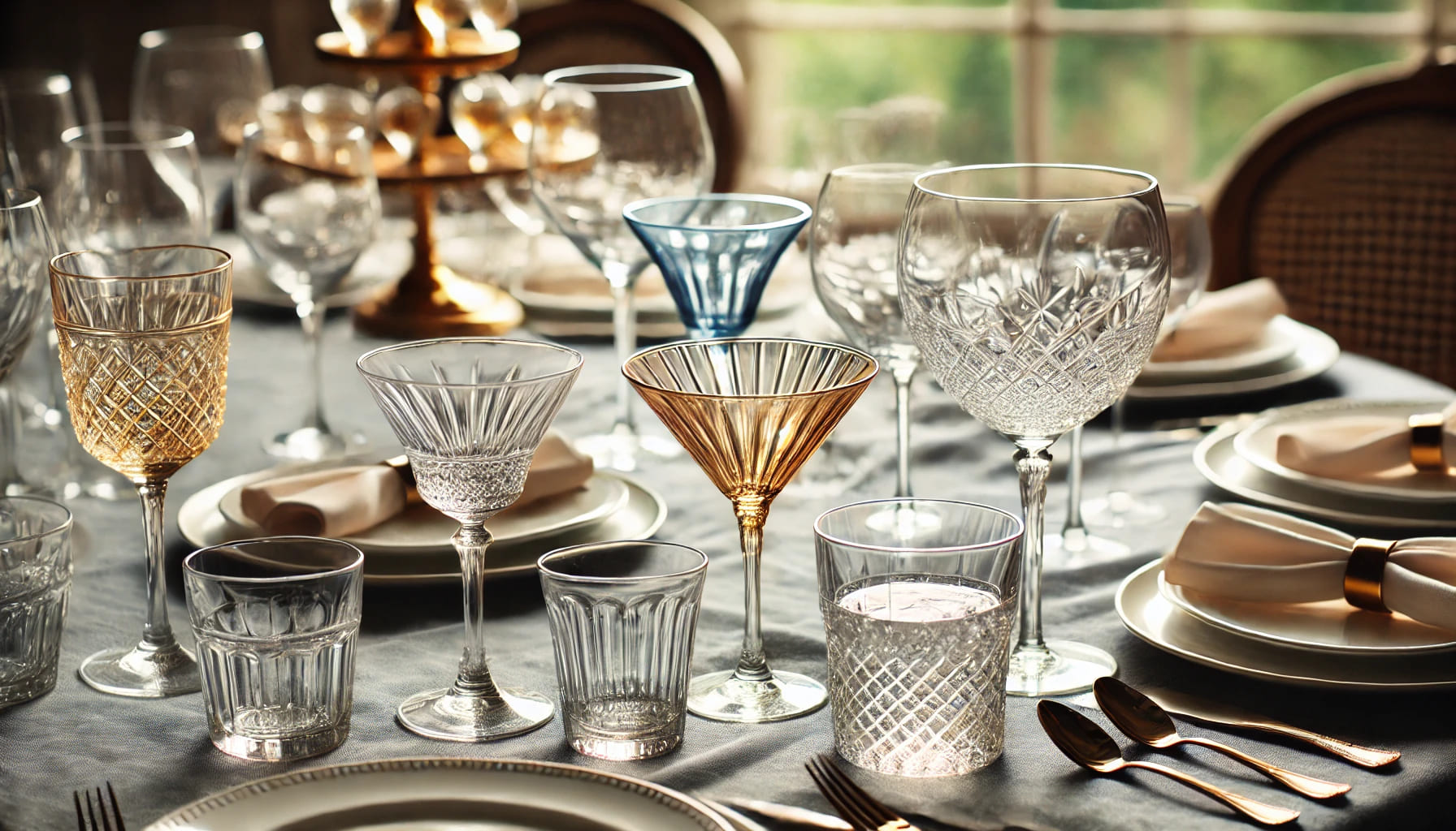 A close-up of different styles of glassware on a table, including wine glasses, martini glasses, and tumblers, highlighting the variety available for