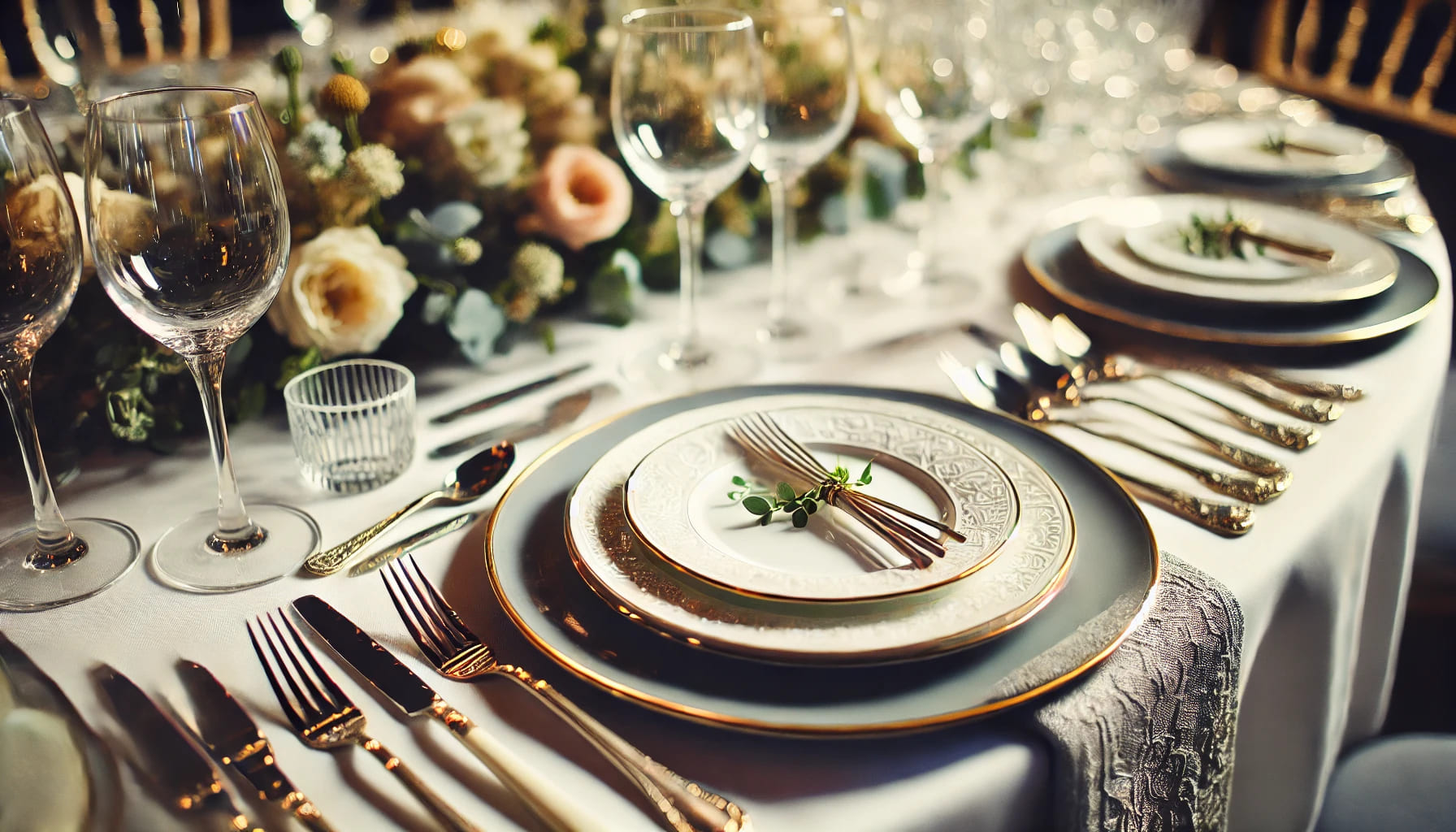 A close-up of elegant plates and cutlery arranged neatly on a table for a Manchester event. The table is set in a sophisticated manner, suitable for w