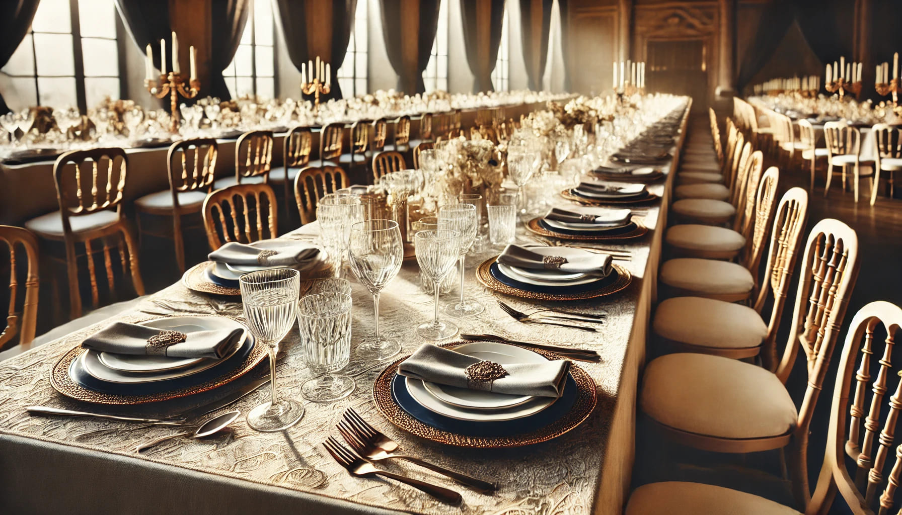 A close-up shot of a table setup for an event, showing elegant tableware, linen, and matching chairs, reflecting careful event planning and coordinati