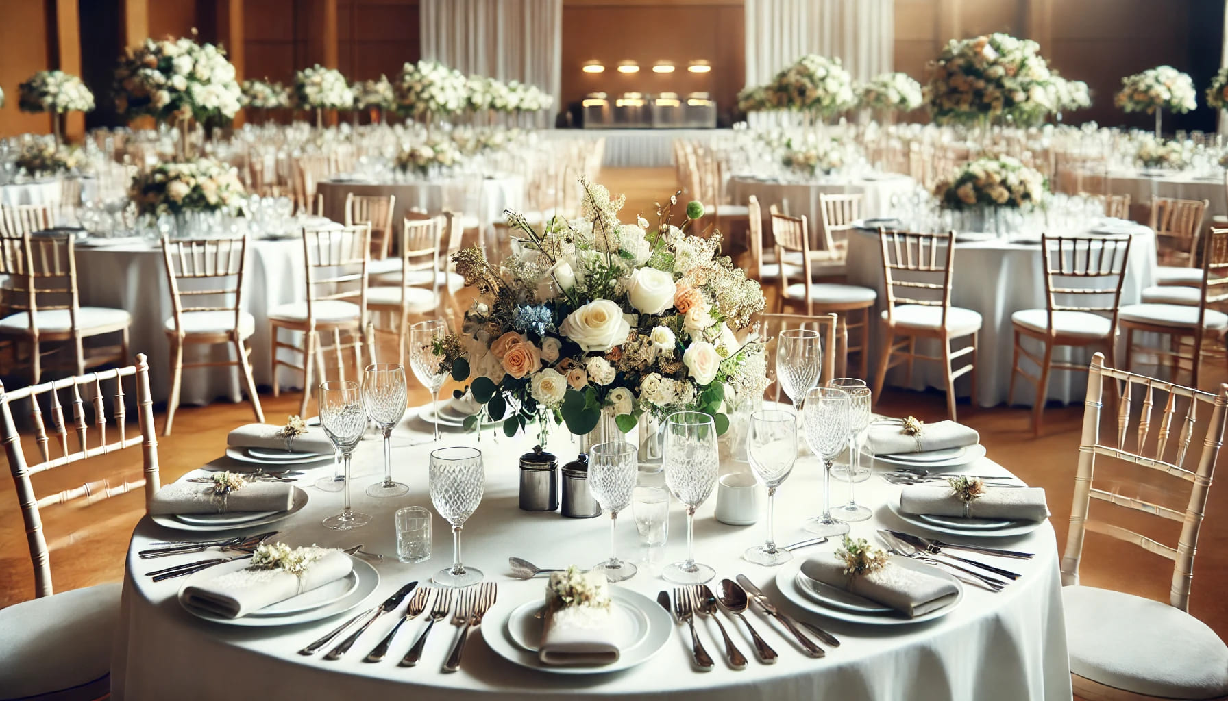 A close-up view of a well-arranged wedding dining area featuring elegantly set tables with white tablecloths, fine cutlery, crystal glassware, and flow