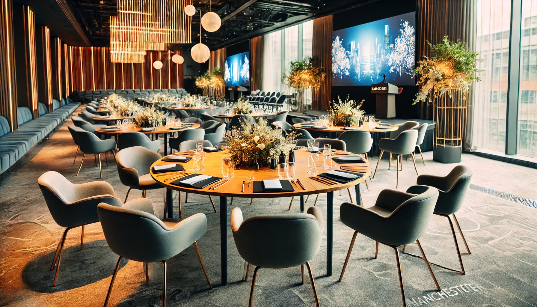 A close-up view of a well-decorated corporate event in Manchester. The scene includes modern tables and comfortable chairs arranged neatly. There are