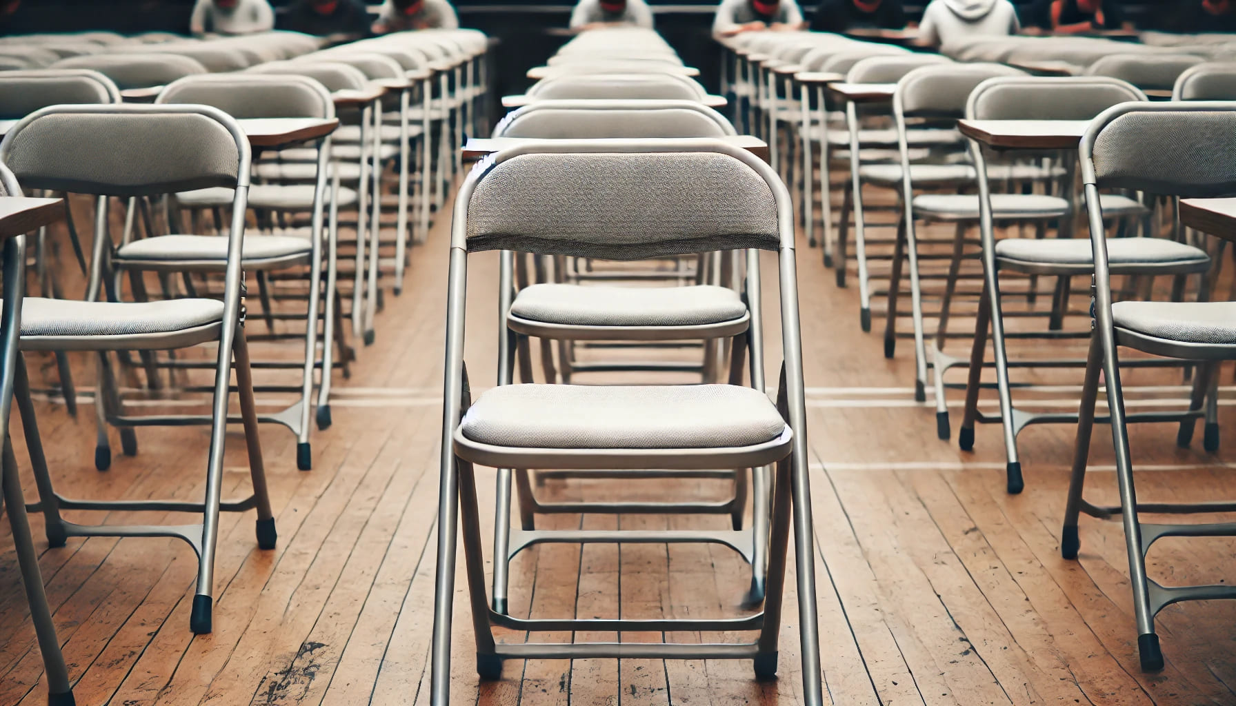 A close-up view of folding chairs arranged in a row in a UK exam hall. The chairs are simple and functional, with metal frames and a lightweight desig