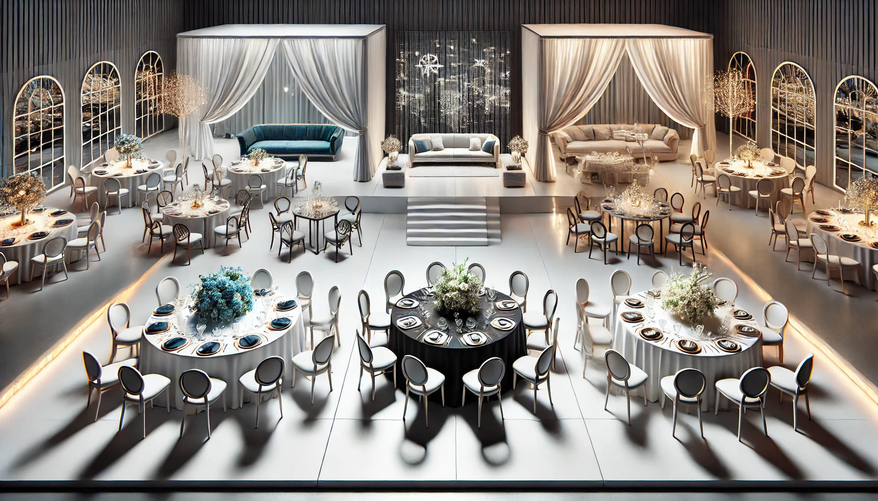 A comparison of luxury and budget-friendly event furniture, showcasing two distinct setups side by side. One side features high-end chairs and tables,