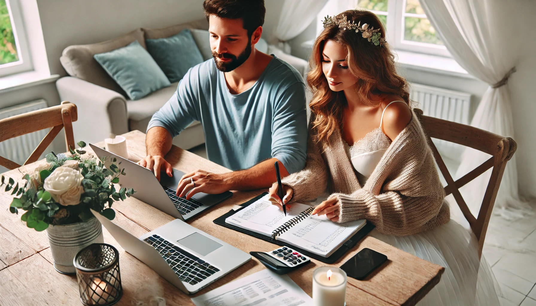 A couple sitting down with a laptop and notebook, working on their wedding budget and guest list at a dining table