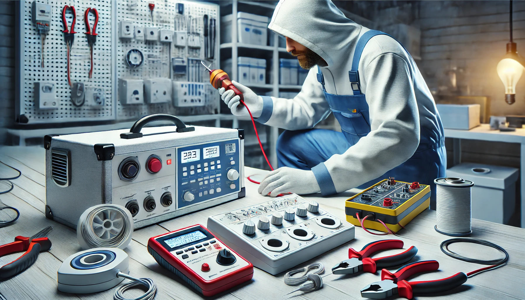 A detailed image showing a professional PAT testing setup, with a technician using specialised equipment to test electrical appliances. The scene shou