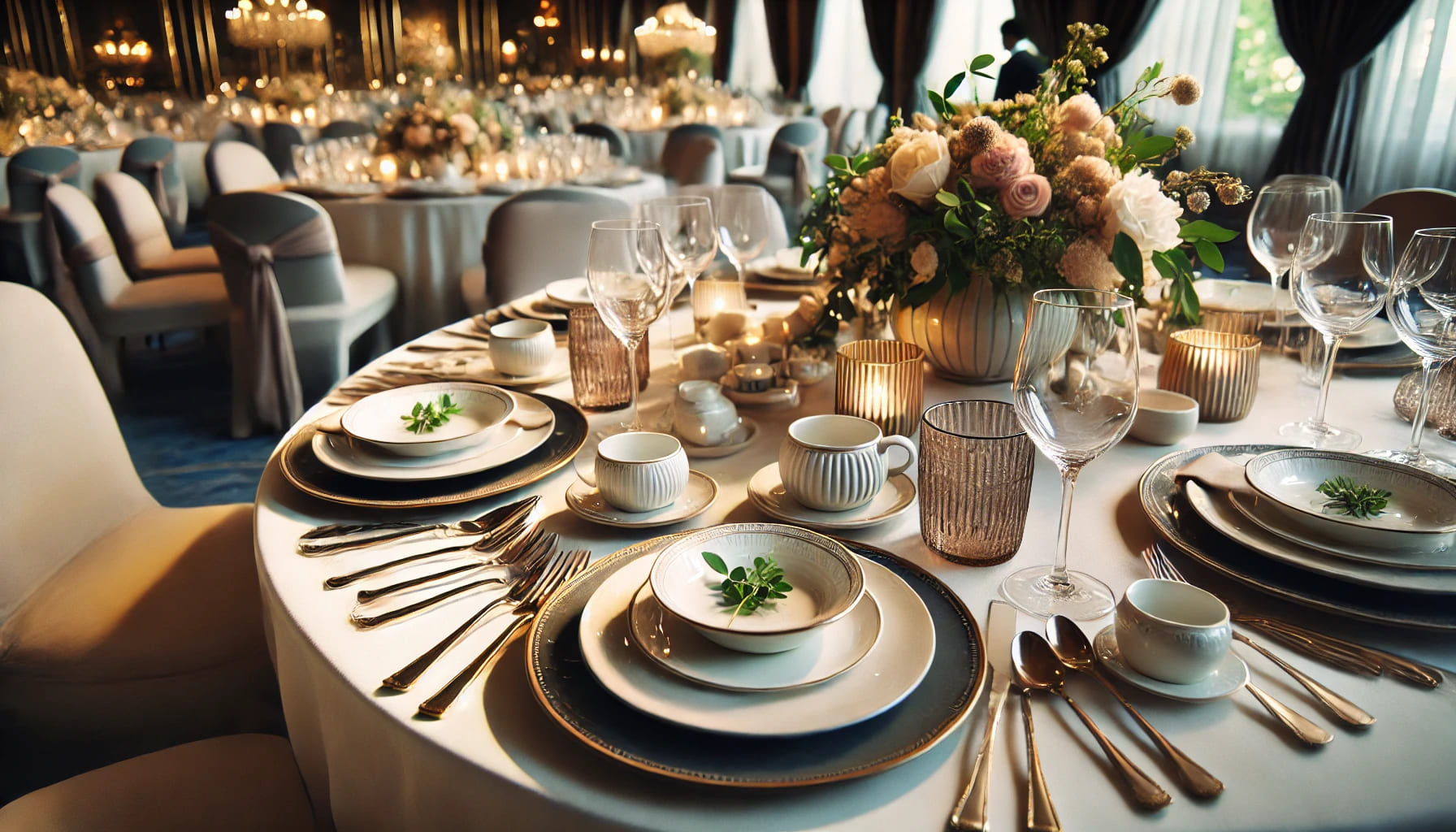 A formal dining setup highlighting the importance of crockery in creating an elegant atmosphere, with neatly arranged plates, bowls, and glassware, se