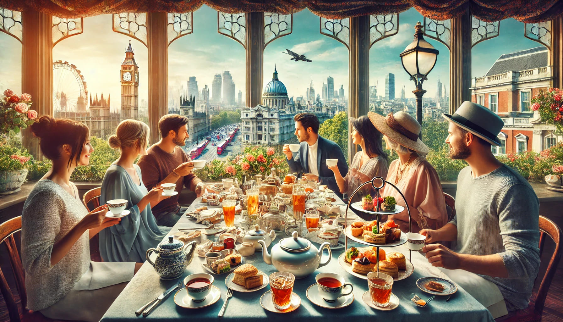 A group of people enjoying afternoon tea in London with a traditional British setting, featuring tea pots, cups, sandwiches, scones, and pastries on a