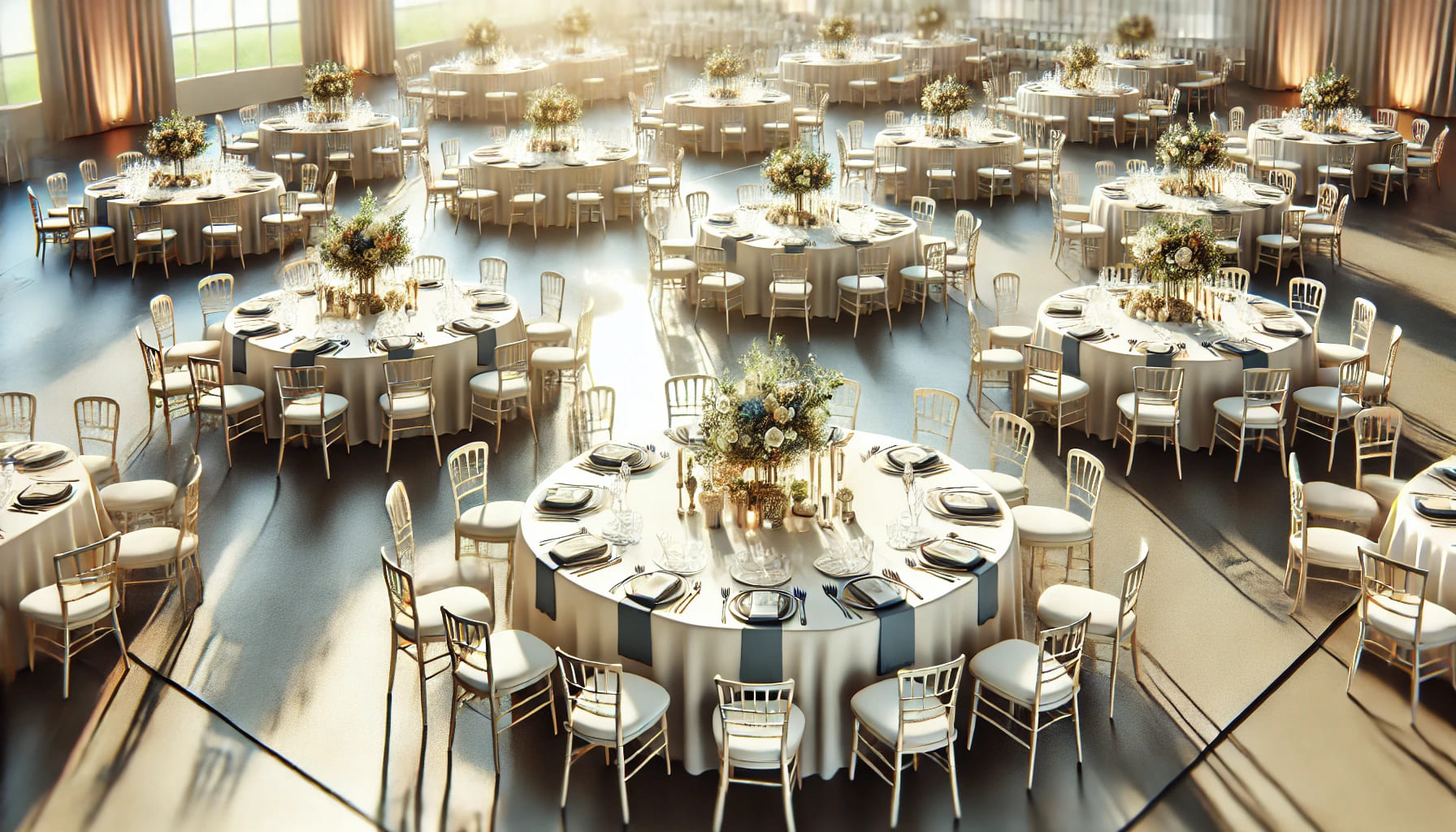 A landscape-oriented image showing a well-organized event space with elegant tables and chairs set up for a formal gathering. The tables are arranged