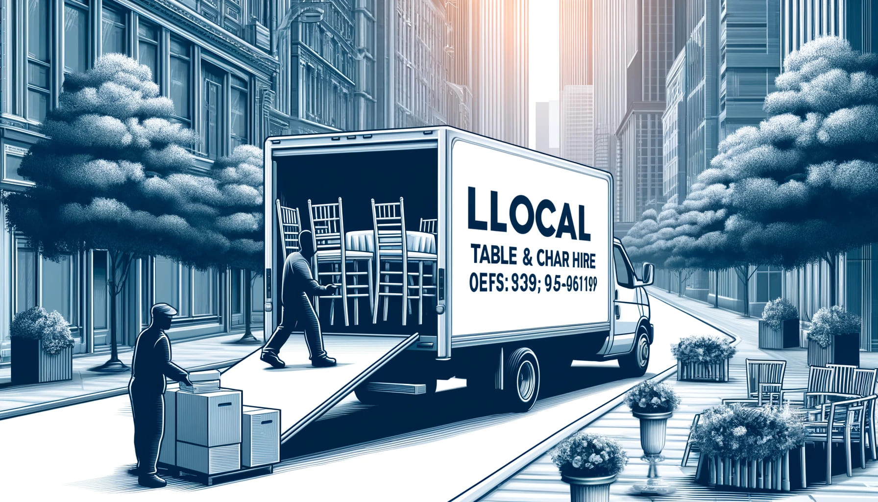 A local event setting showing tables and chairs being unloaded from a delivery truck in a bustling urban environment. The scene captures the importanc