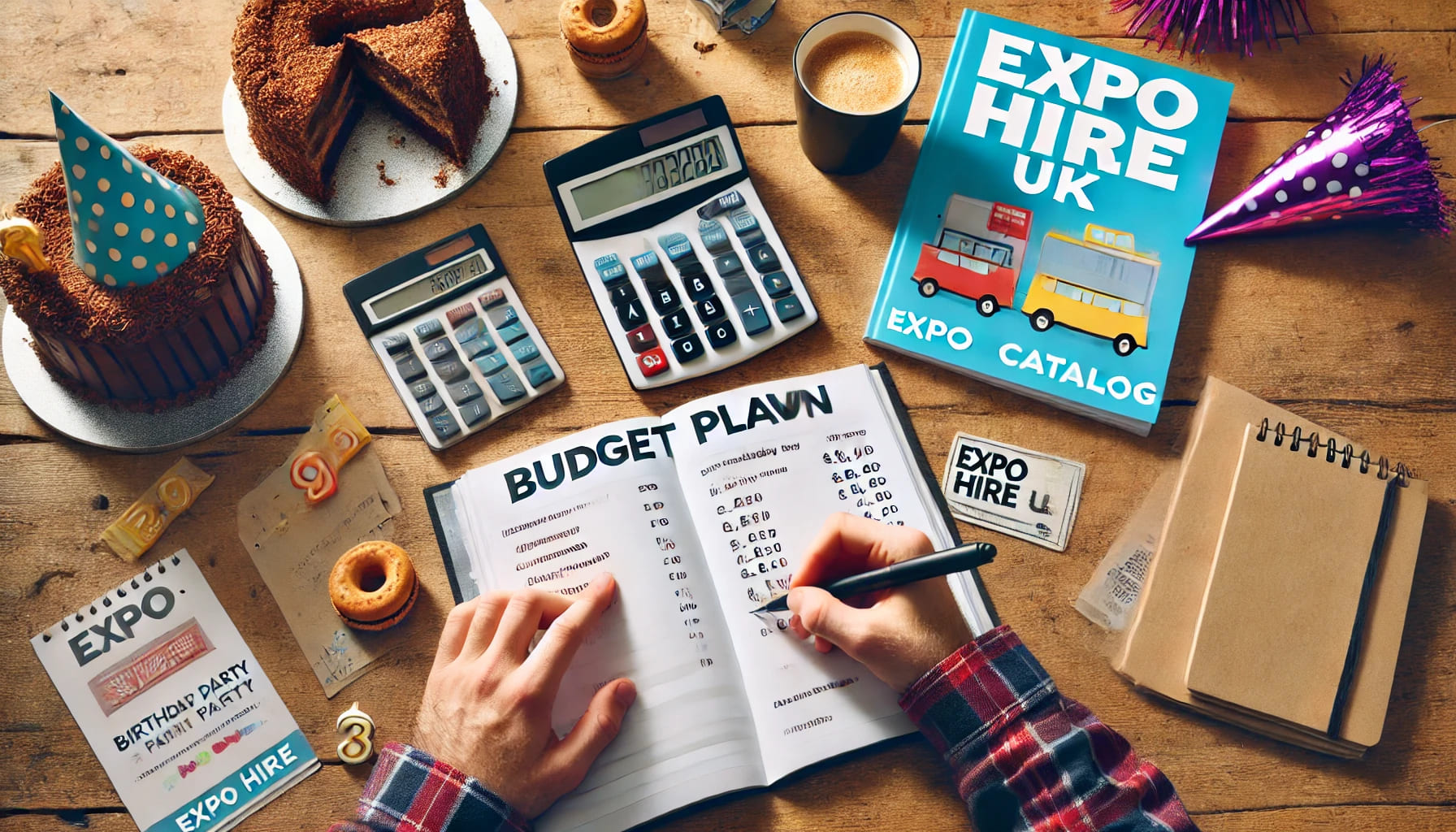 A person writing down a budget plan for a birthday party with a calculator, notebook, and Expo Hire UK catalog