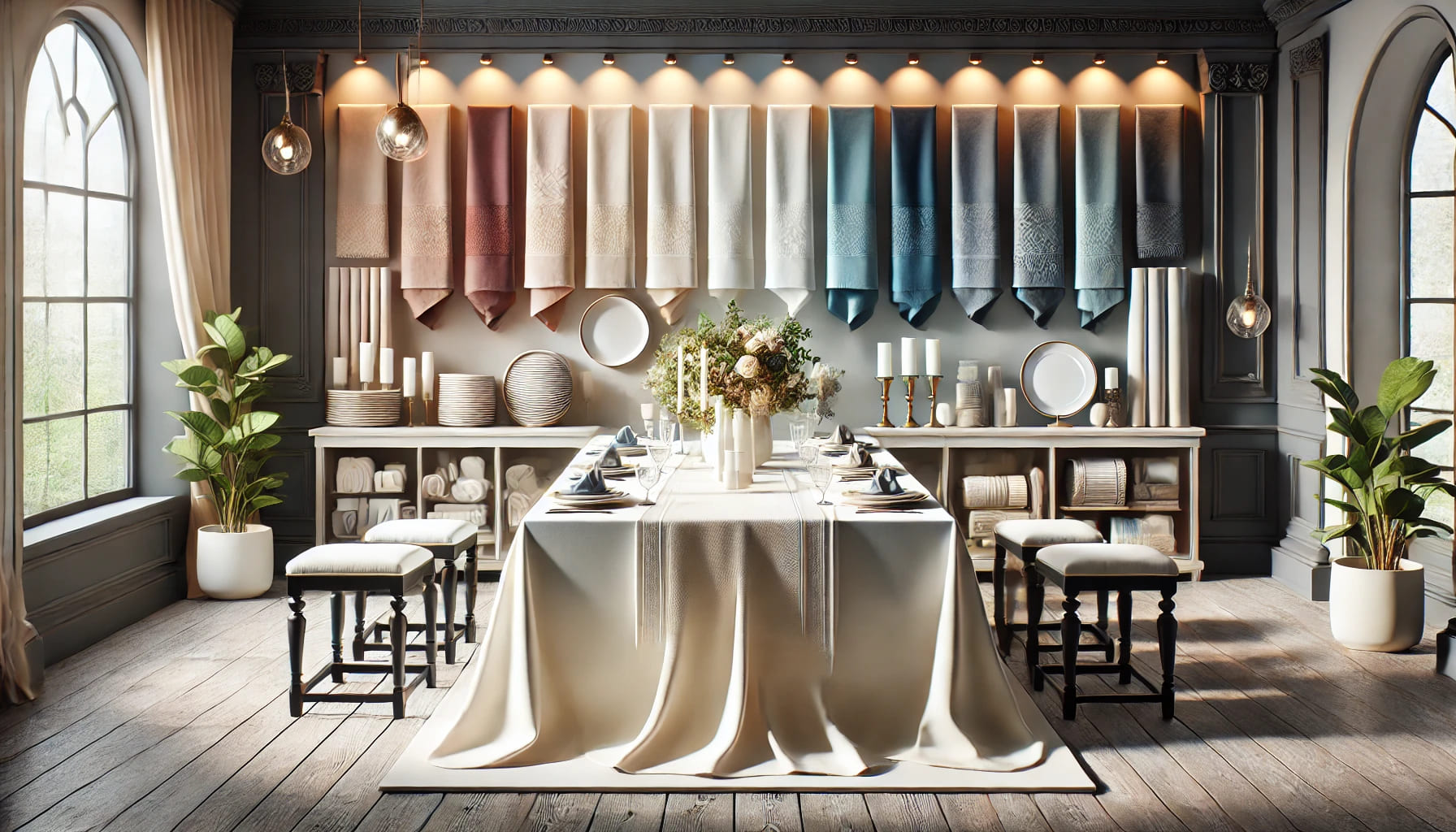 A realistic image in landscape orientation showing a selection of table linens in different sizes and styles, displayed in a well-lit space. The image