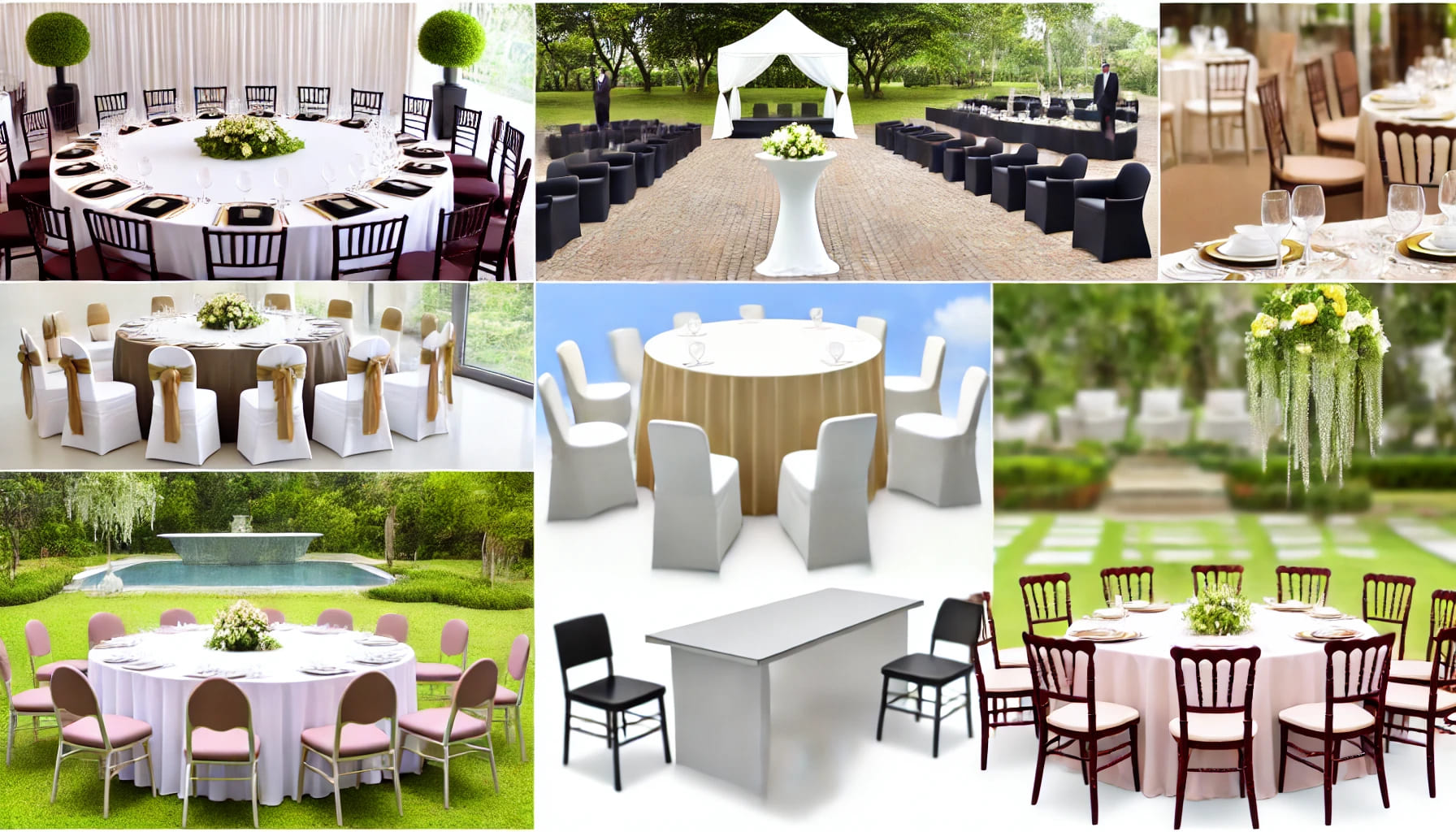 A realistic image in landscape orientation showing different types of events, such as a wedding, corporate meeting, and outdoor garden party, with var