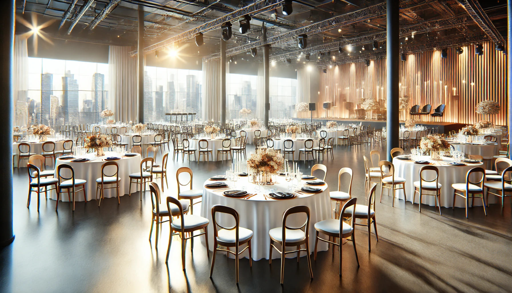 A realistic image of a well-organized event space with various types of chairs and tables available for rent. The image should depict different furnit