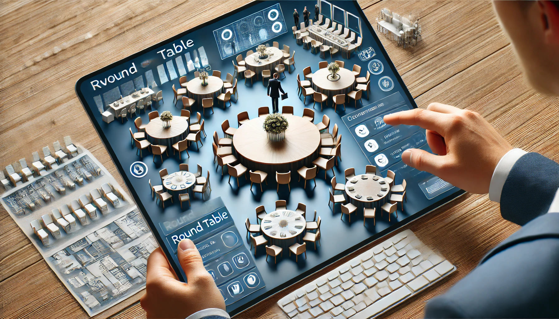 A realistic image of an event planning process where a person is reviewing options for round tables on a computer screen. The image shows different si