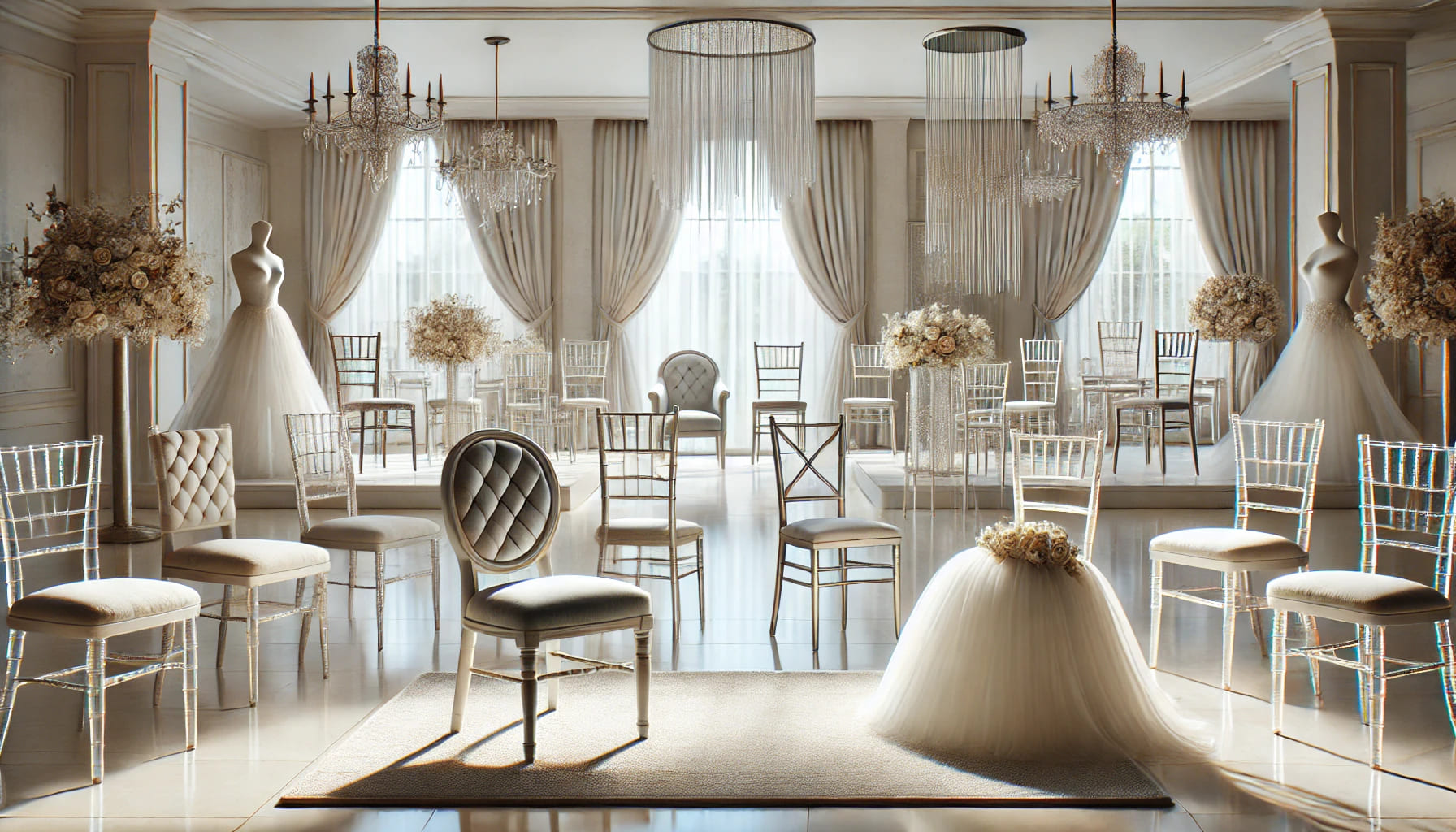 A realistic image showing a variety of wedding chair options in a spacious showroom. The display includes Chiavari chairs, cross-back chairs, and ghos