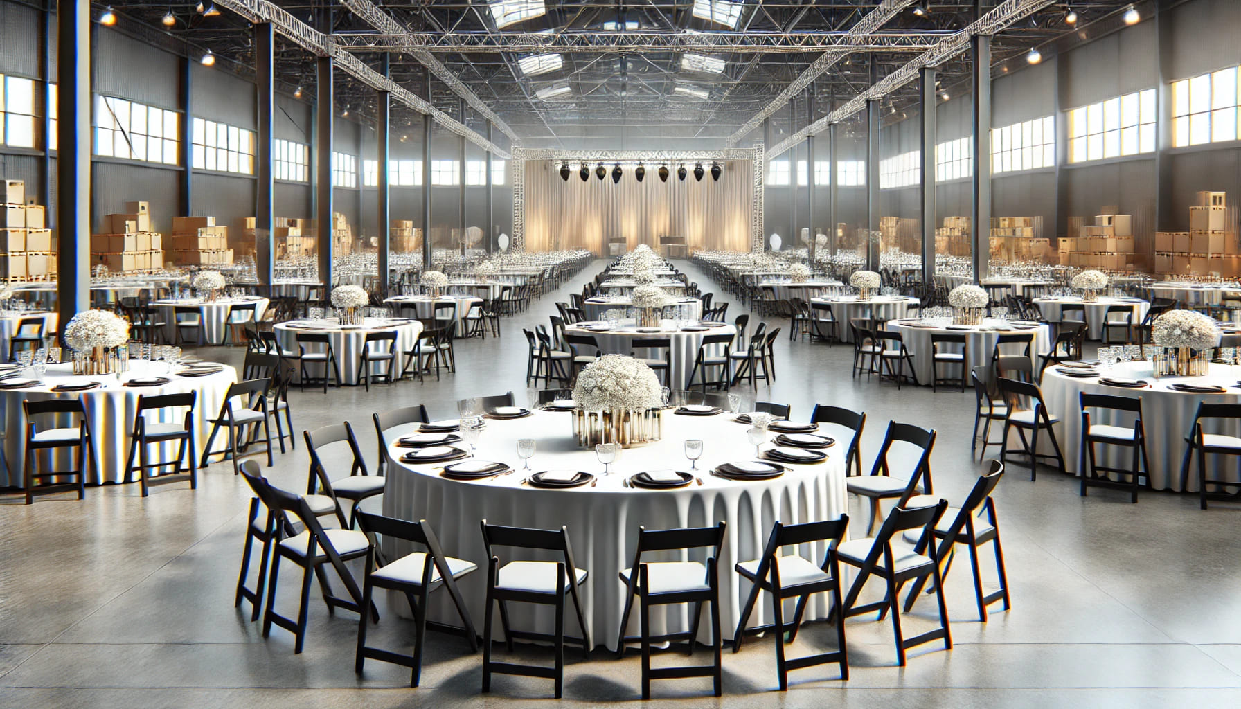 A realistic image showing a well-organized event setup with various table types, including round and trestle tables, in a large indoor venue. The focu