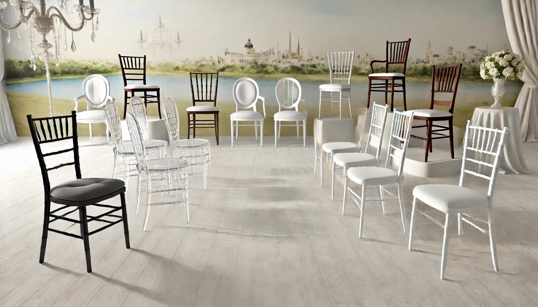 A realistic landscape image showing a variety of wedding chairs on display, including Chiavari, ghost, and cross-back chairs, arranged in an elegant s