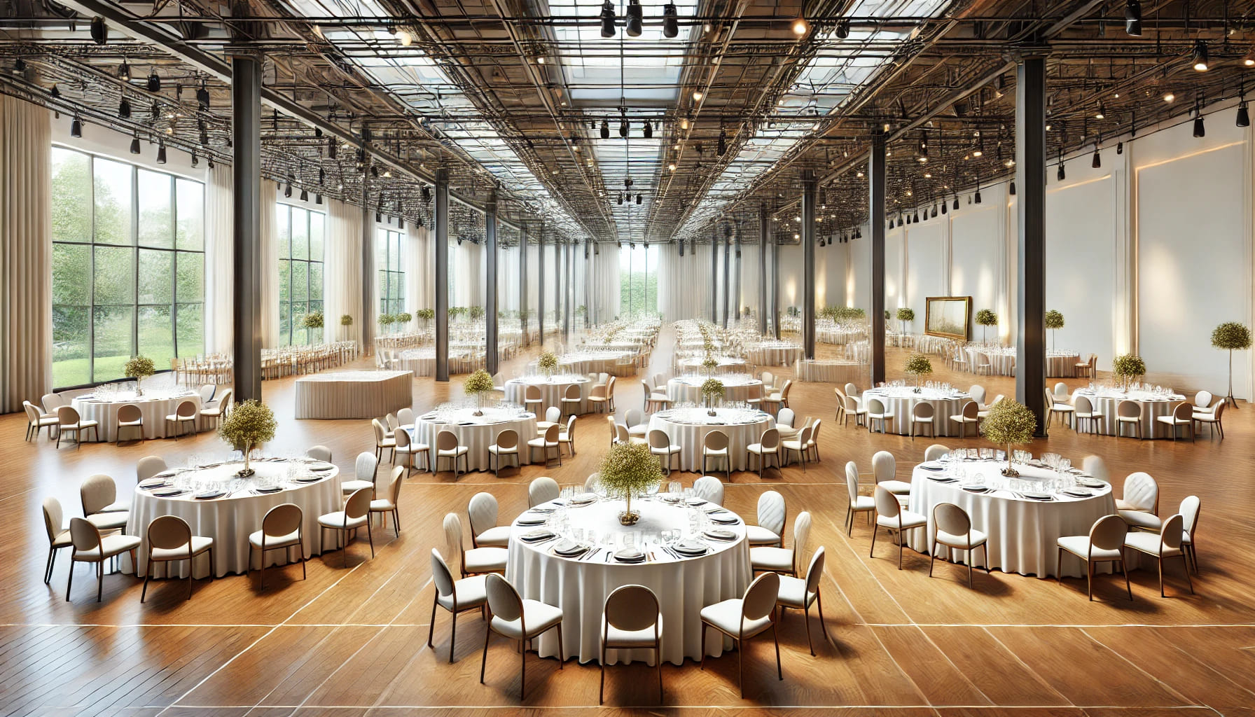 A realistic, well-lit image showing a variety of tables set up in a spacious indoor venue. The tables include round banquet tables, rectangular trestl