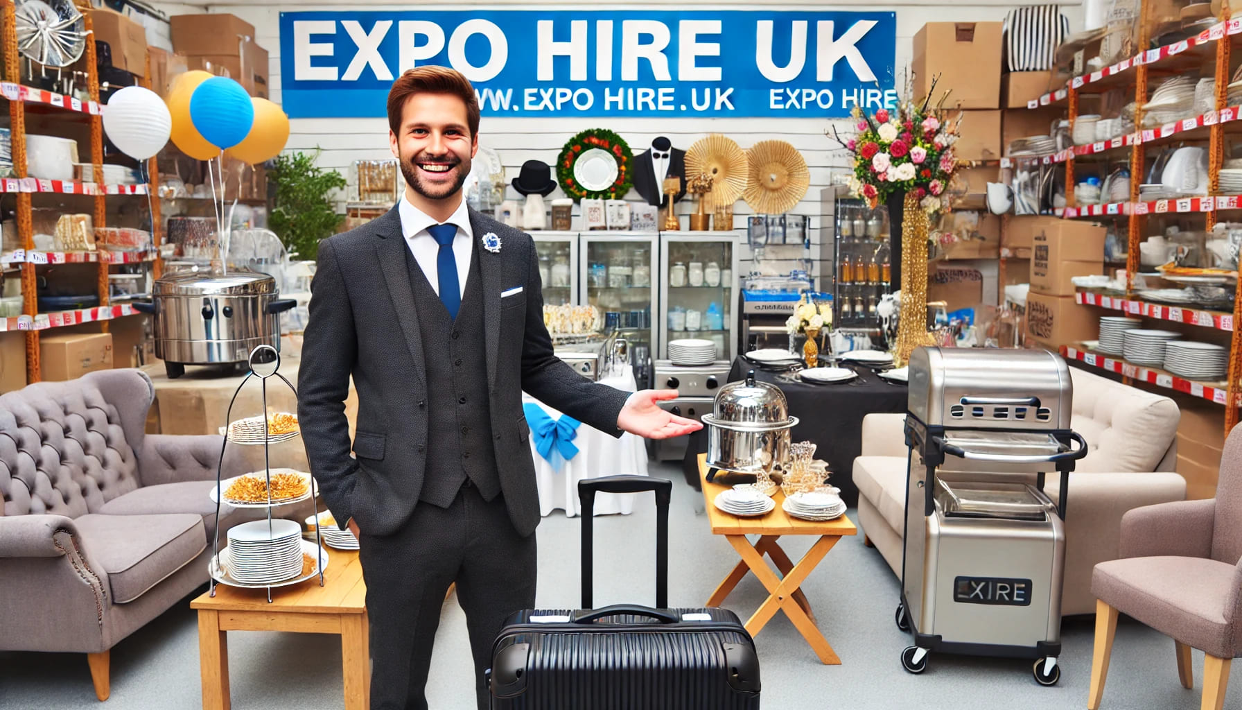 A representative from Expo Hire UK showing a wide range of event equipment, including catering supplies, furniture, and decorations, in a showroom. Th