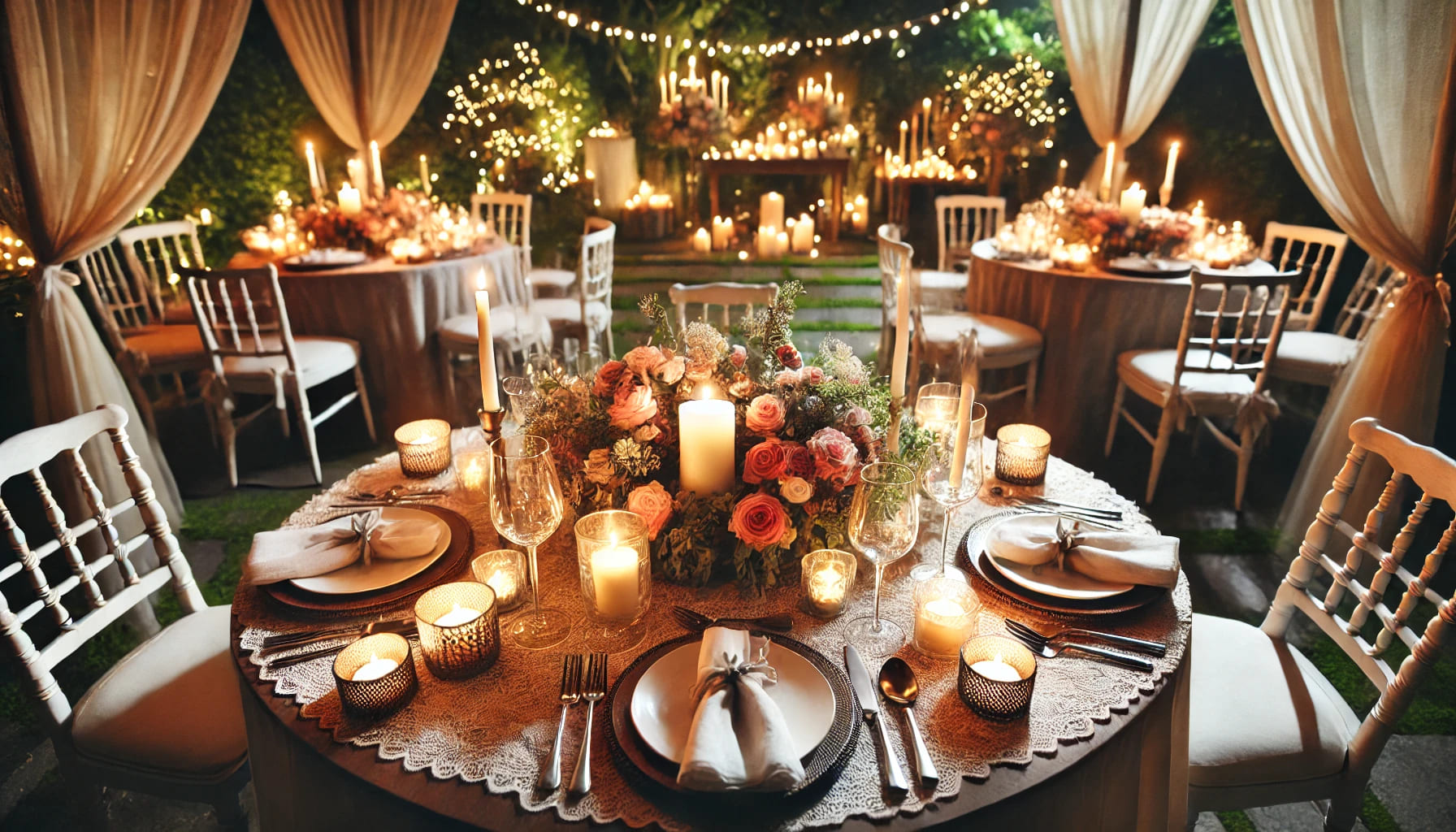 A romantic candlelit dinner setup outdoors with a beautifully decorated table, soft lighting, and candles creating a warm and intimate atmosphere