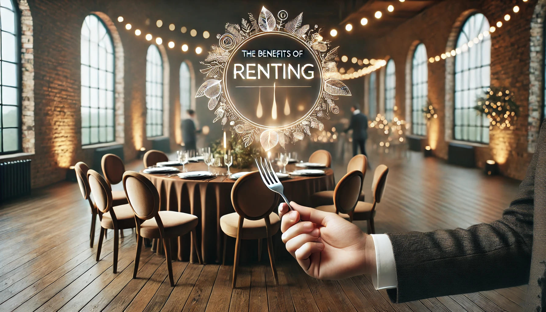 2 A scene showing a close-up of high-quality rental furniture being set up in a stylish, modern venue. The focus is on the benefits of renting, with com