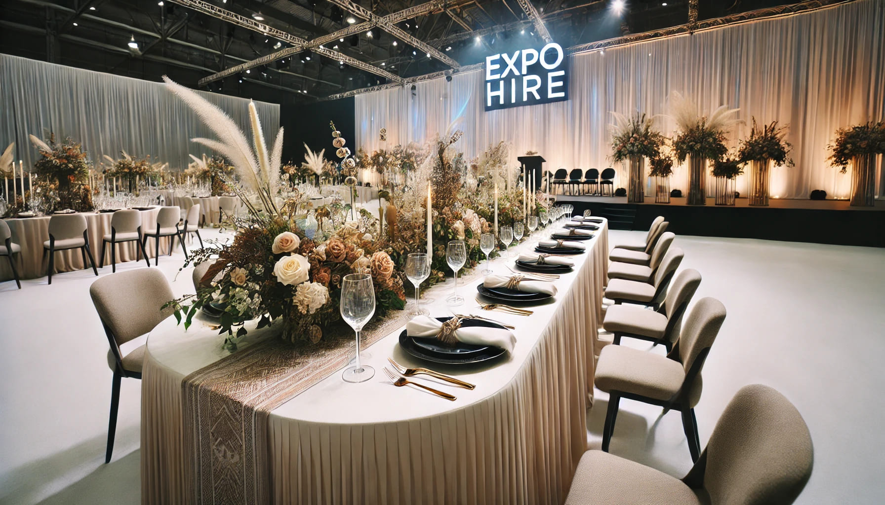 A stylish event setup showcasing Expo Hire's linen services. The image features a beautifully arranged table with high-quality table linens, including