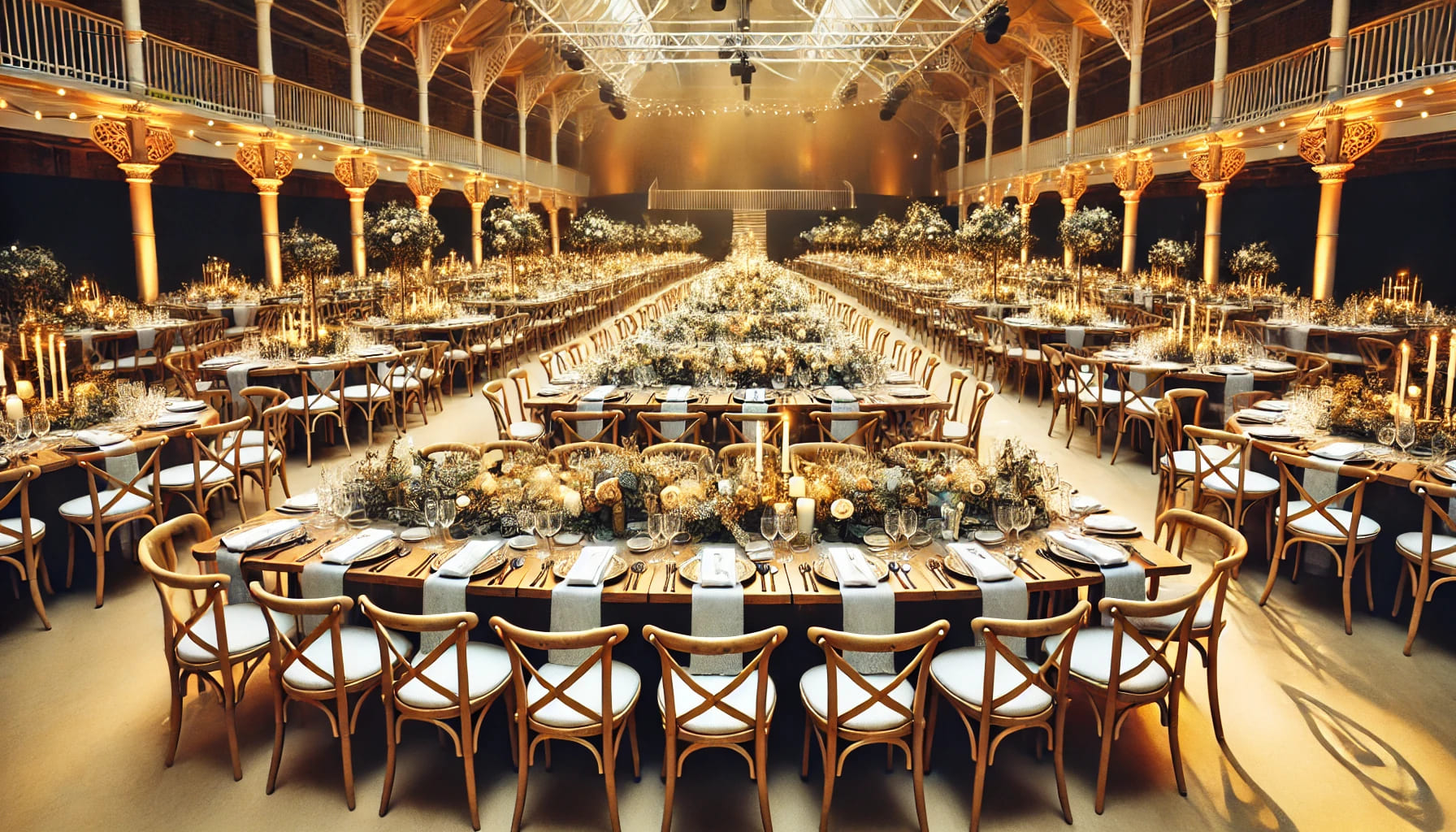 2 A stylish indoor event setup in the UK featuring trestle tables arranged for a formal dinner. The tables are covered with elegant linens, set with fin