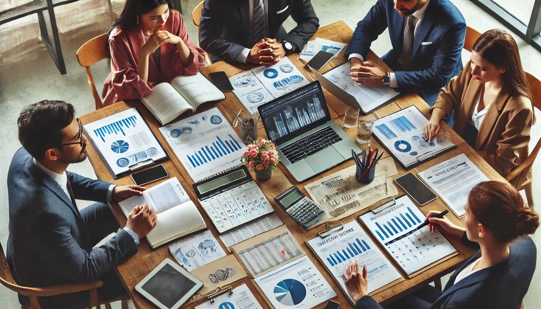 A team of event planners discussing and arranging details for a successful event with documents, laptops, and a calendar on a table