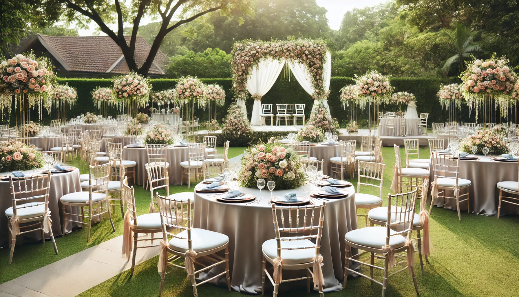 A wedding setup with elegant furniture hire options, including Chiavari chairs, round tables with floral centerpieces, set in an outdoor garden with a