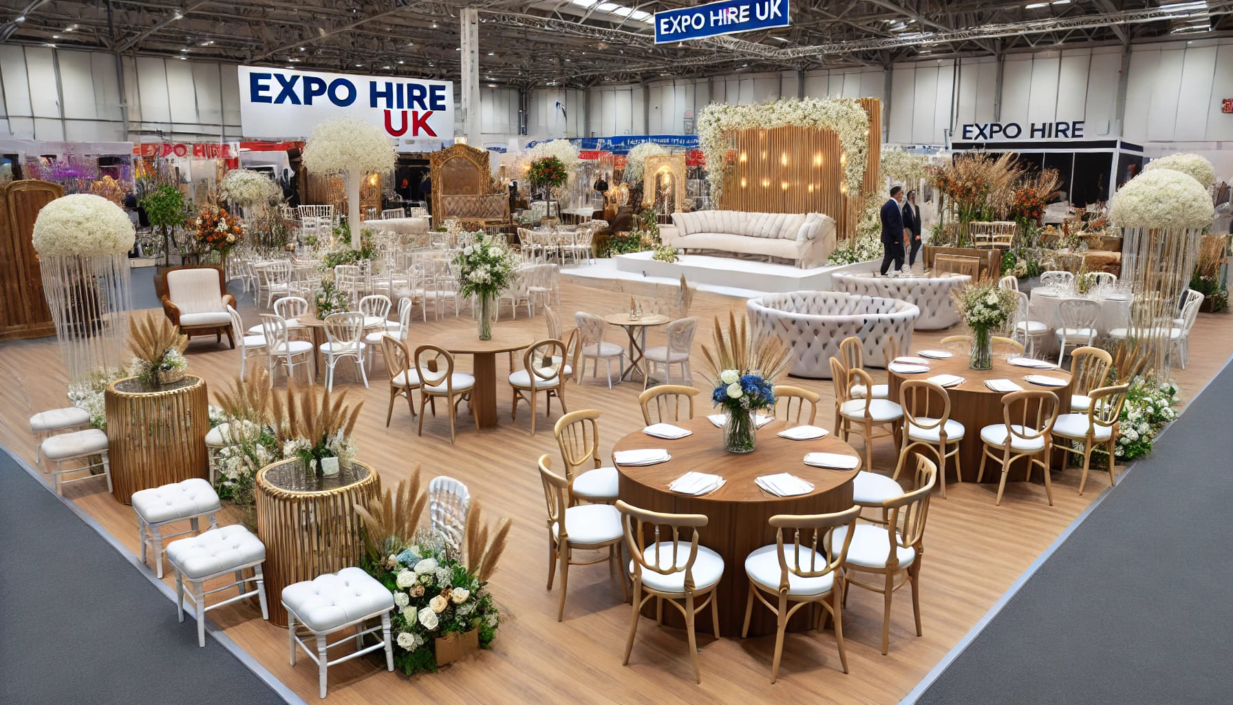 A well-organised event with various types of furniture set up, showcasing the range of services provided by Expo Hire UK, including tables, chairs, an