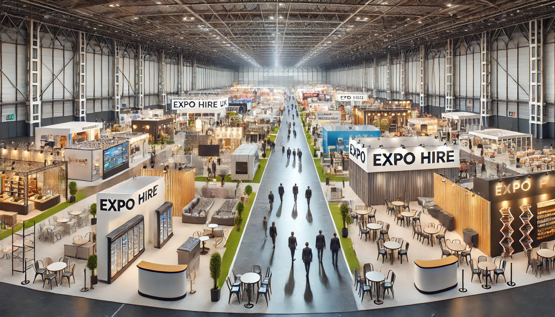 A wide view of an exhibition hall filled with various stalls and exhibition equipment such as barriers, showcases, and catering equipment, highlightin