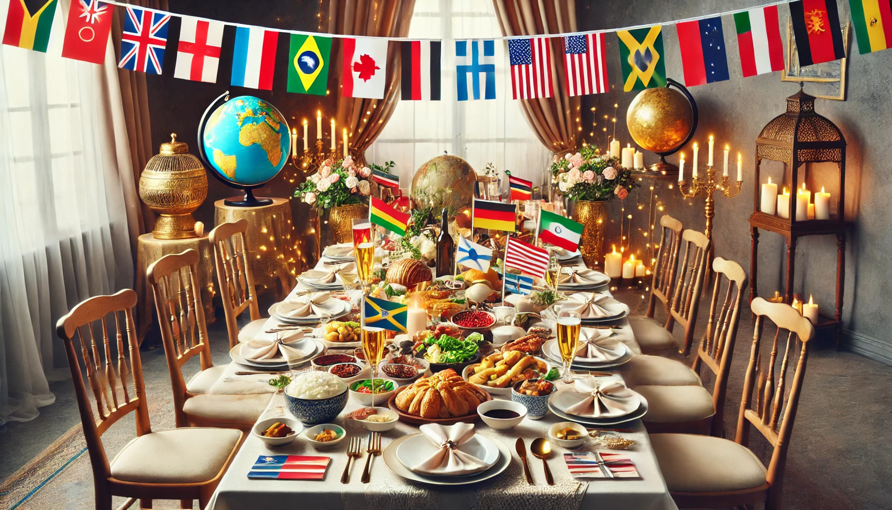 An elegant dinner party setup with diverse international cuisines, decorated with flags and cultural items from different countries